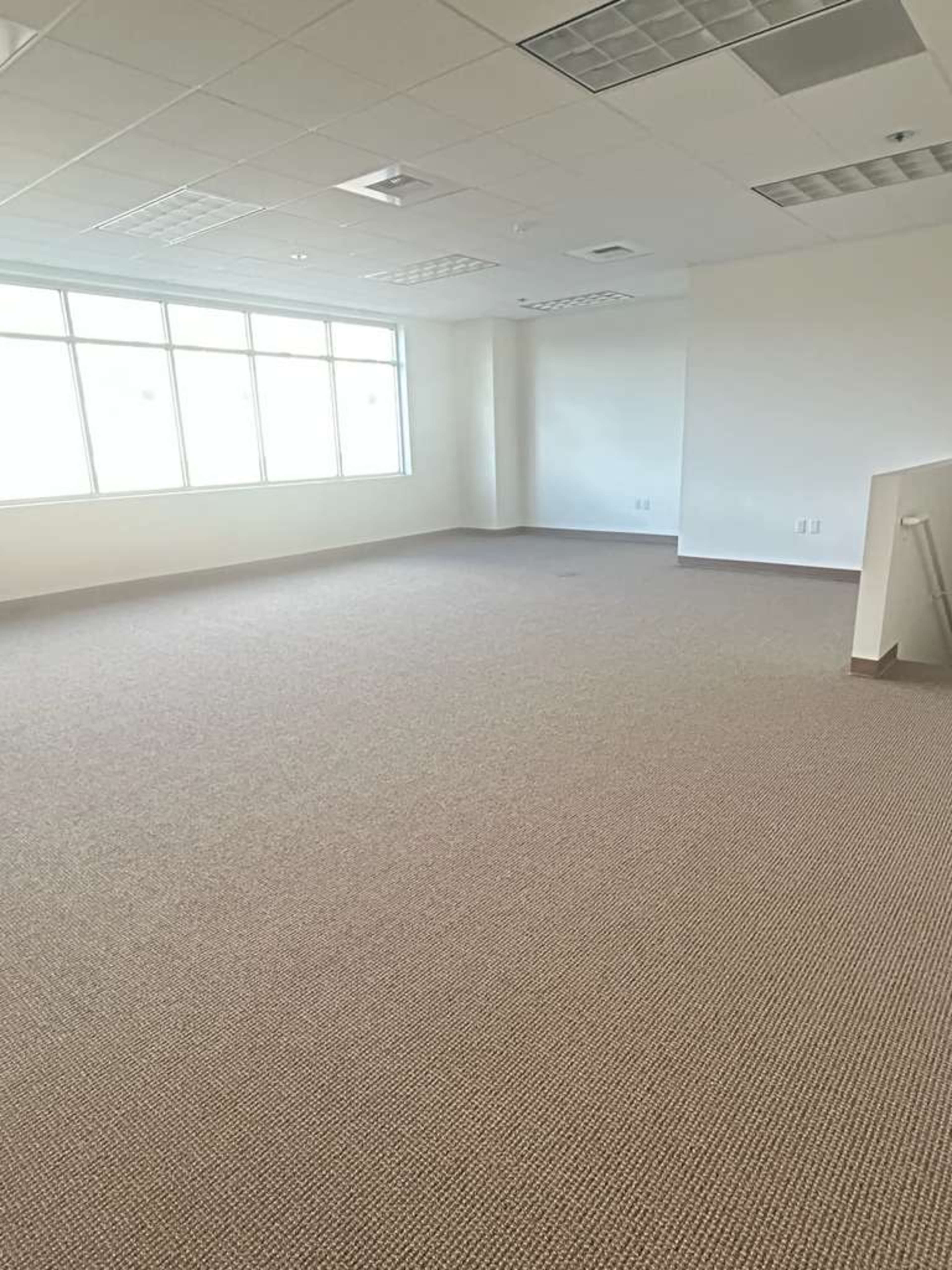 The image shows a spacious, empty office room with large windows allowing natural light to enter, and carpeted flooring.
