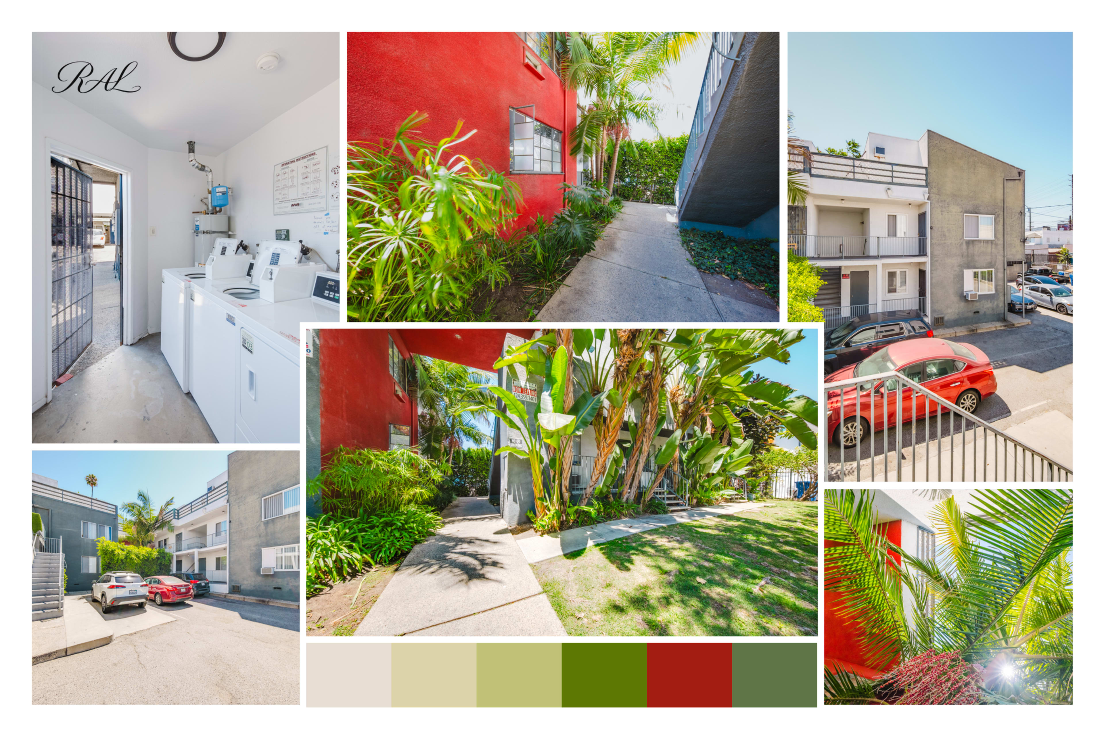 The image features a collage of various outdoor and indoor scenes of a residential complex, showcasing laundry facilities, pathways lined with greenery, and different building exteriors.
