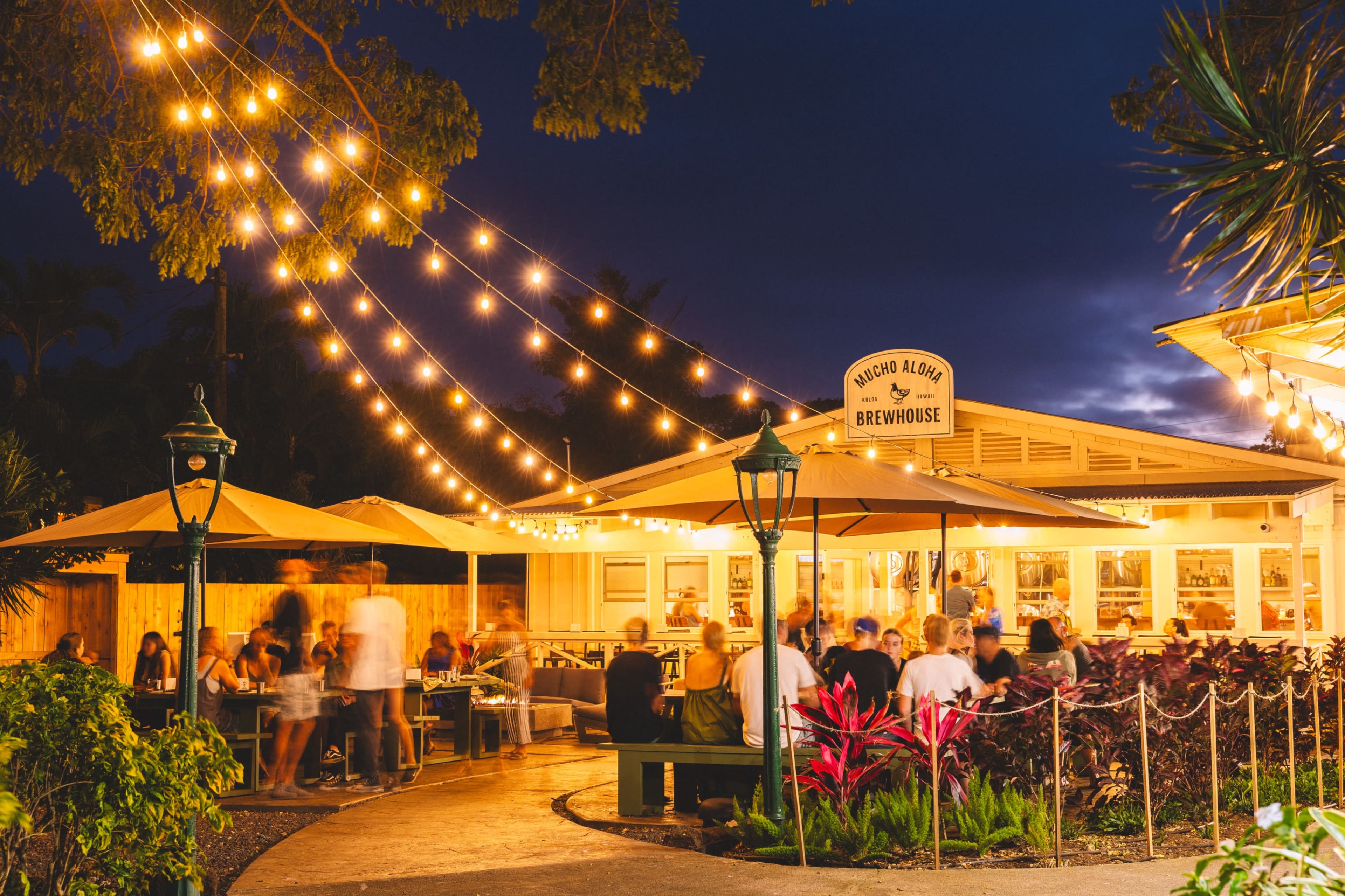 The image shows a lively outdoor restaurant with string lights illuminating the seating area and guests enjoying their meals under large umbrellas.