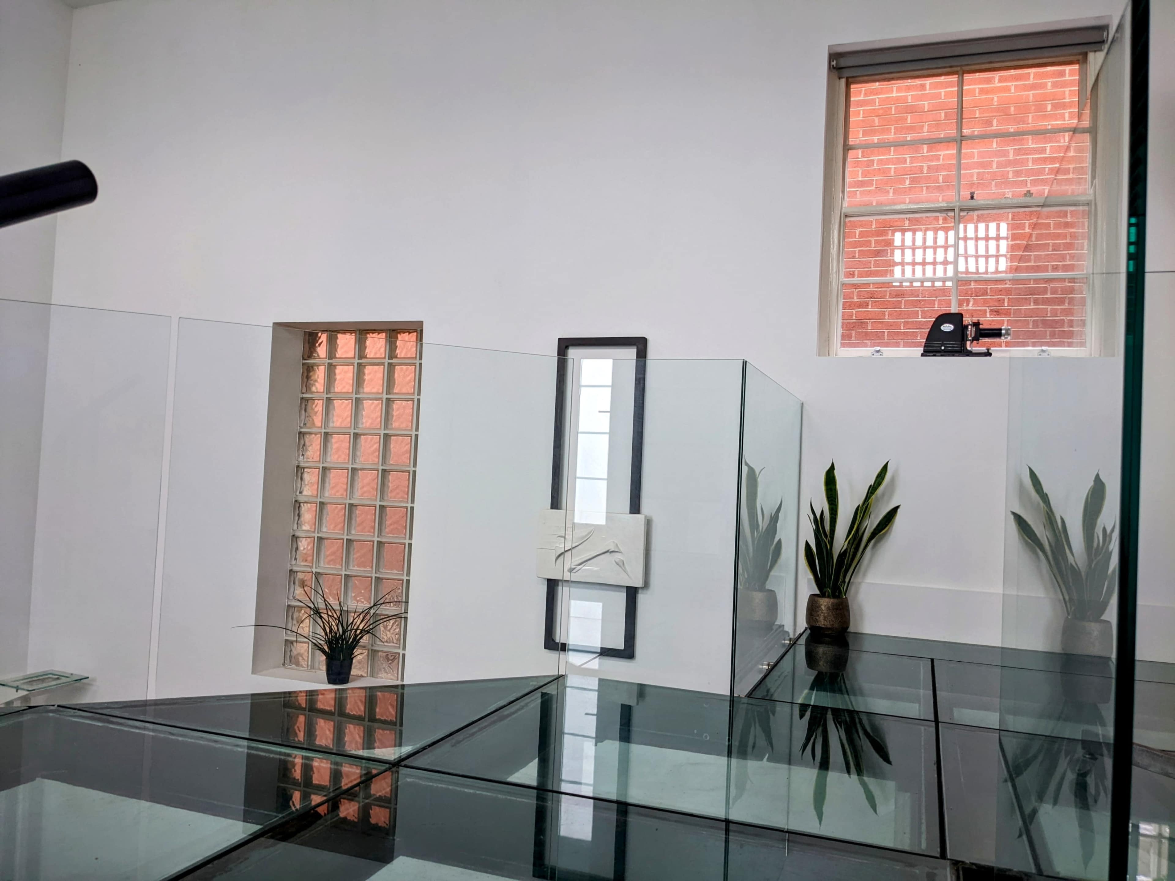 A modern room featuring glass walls, a mirror, and two potted plants, with a window revealing brickwork in the background.