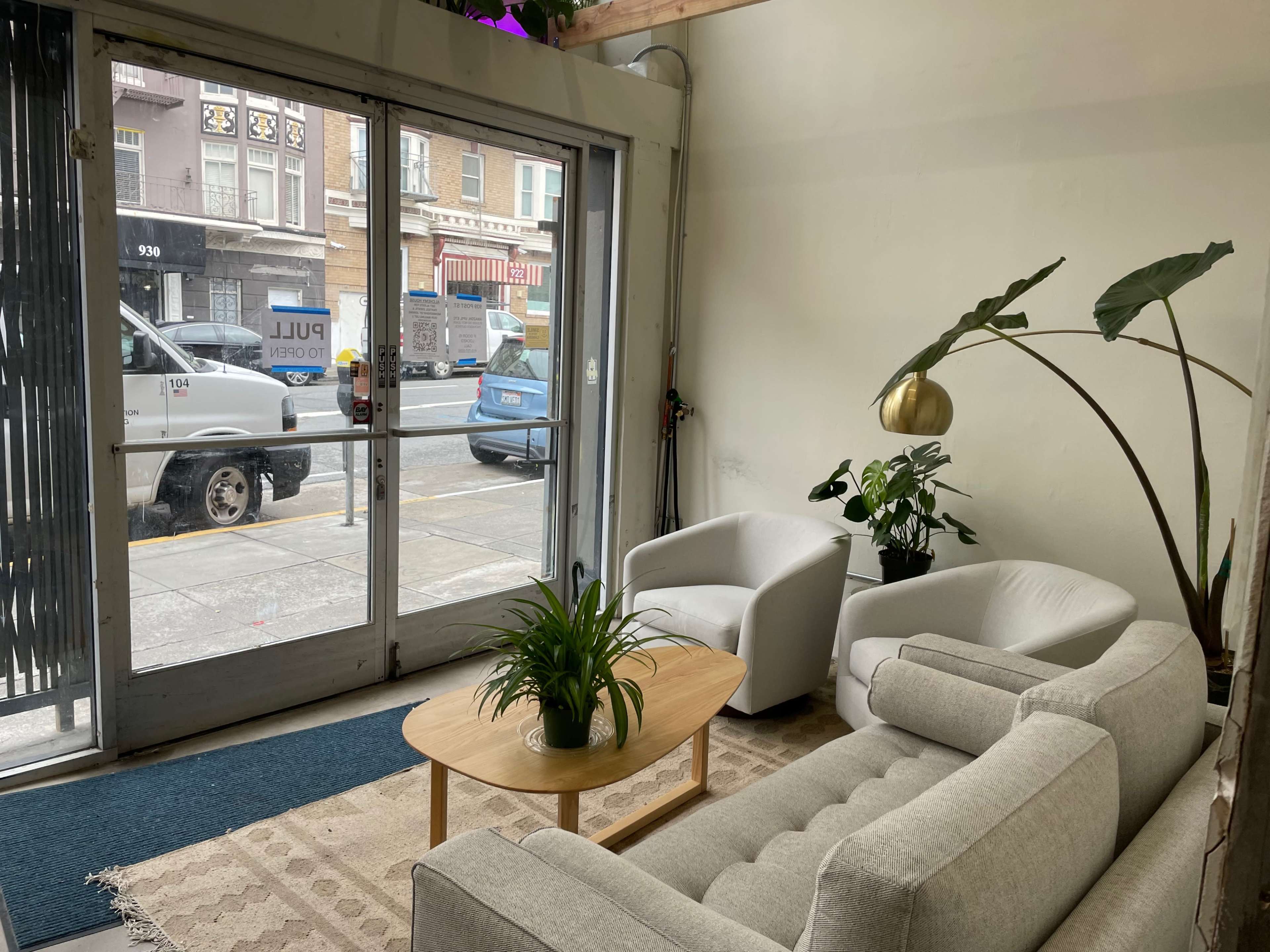 A bright interior with two white armchairs, a light gray sofa, a wooden coffee table, and a large plant beside a glass door facing the street.