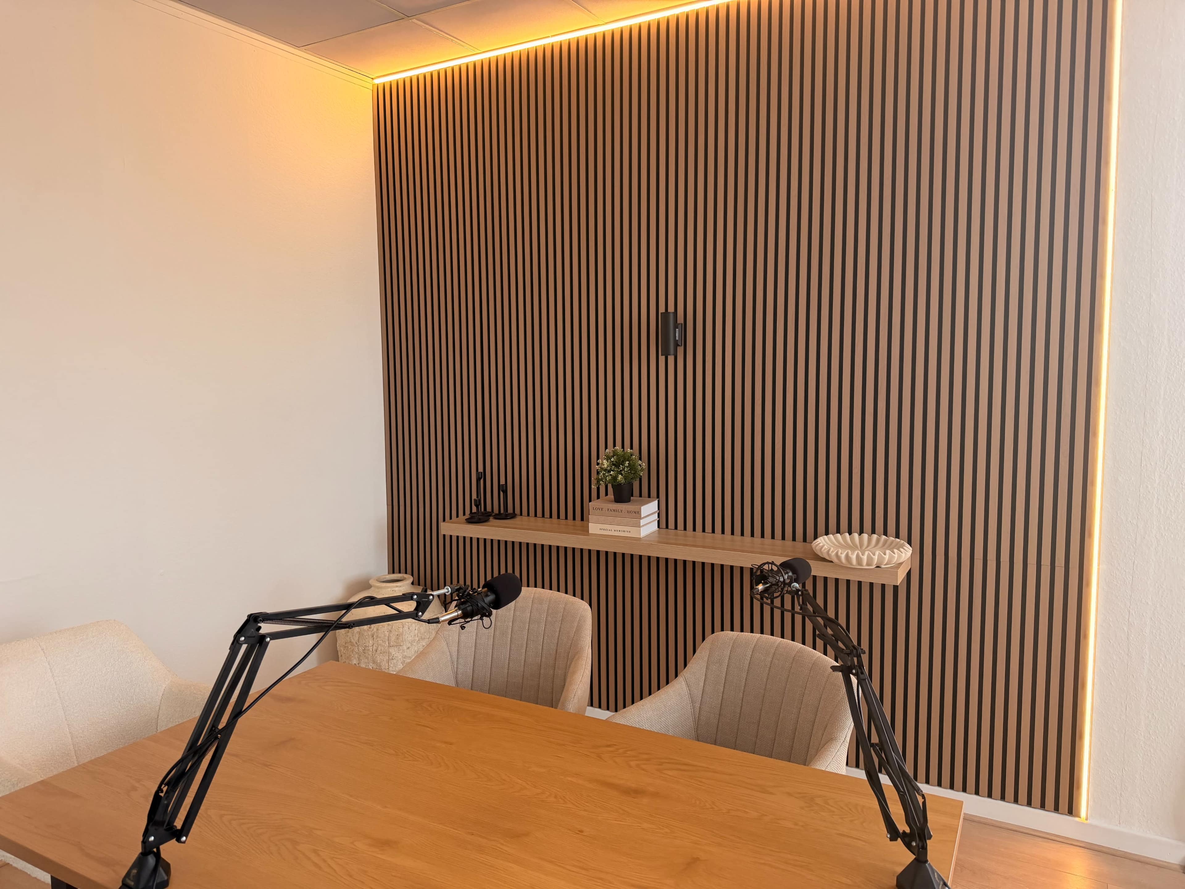 The image shows a modern room with a wooden striped wall, a wooden shelf with a plant and decor, and two microphone stands positioned near a wooden table with light-colored chairs.