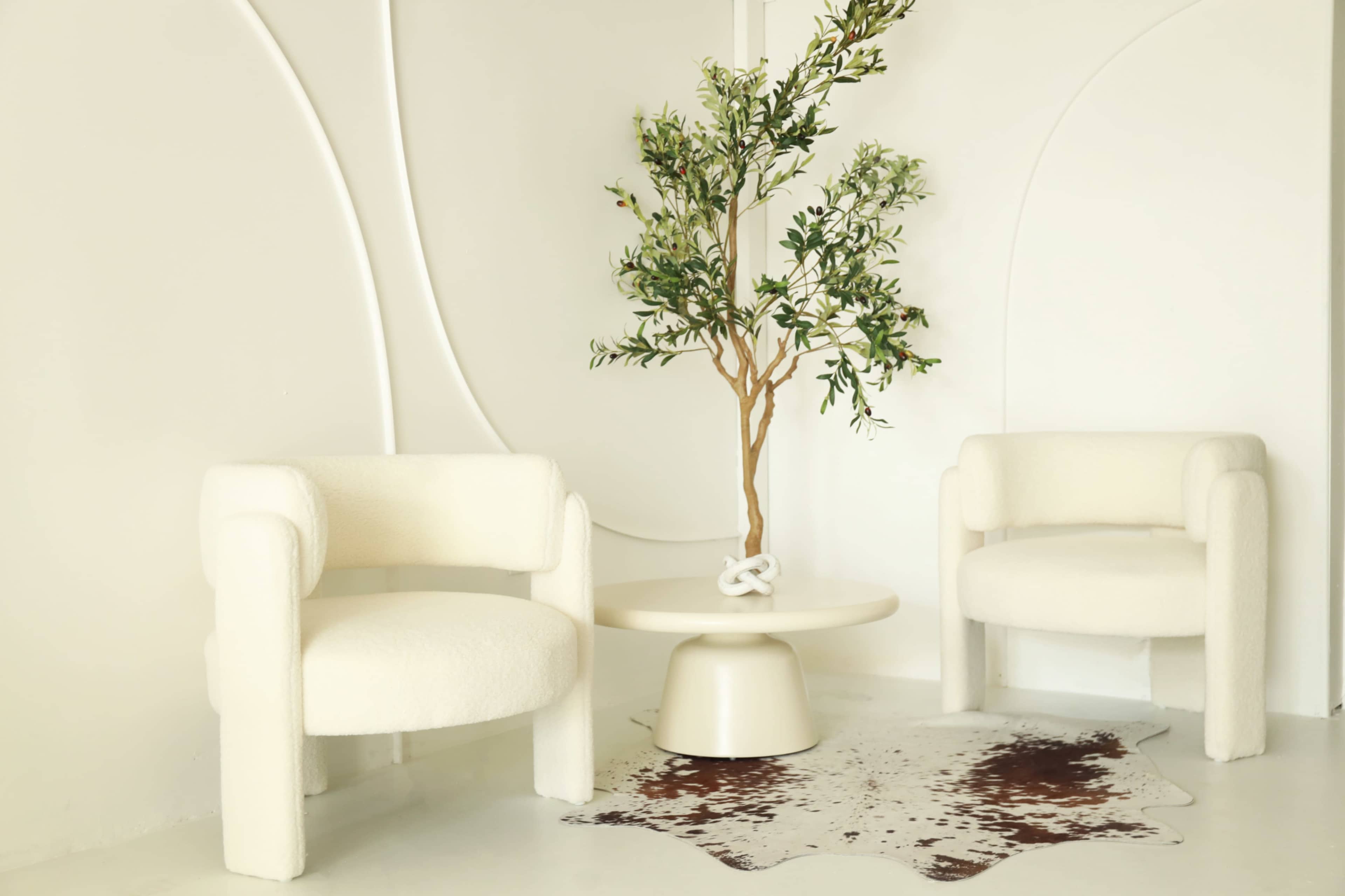A minimalist living space features two white upholstered chairs flanking a round coffee table, with a decorative plant and a patterned rug on the floor.