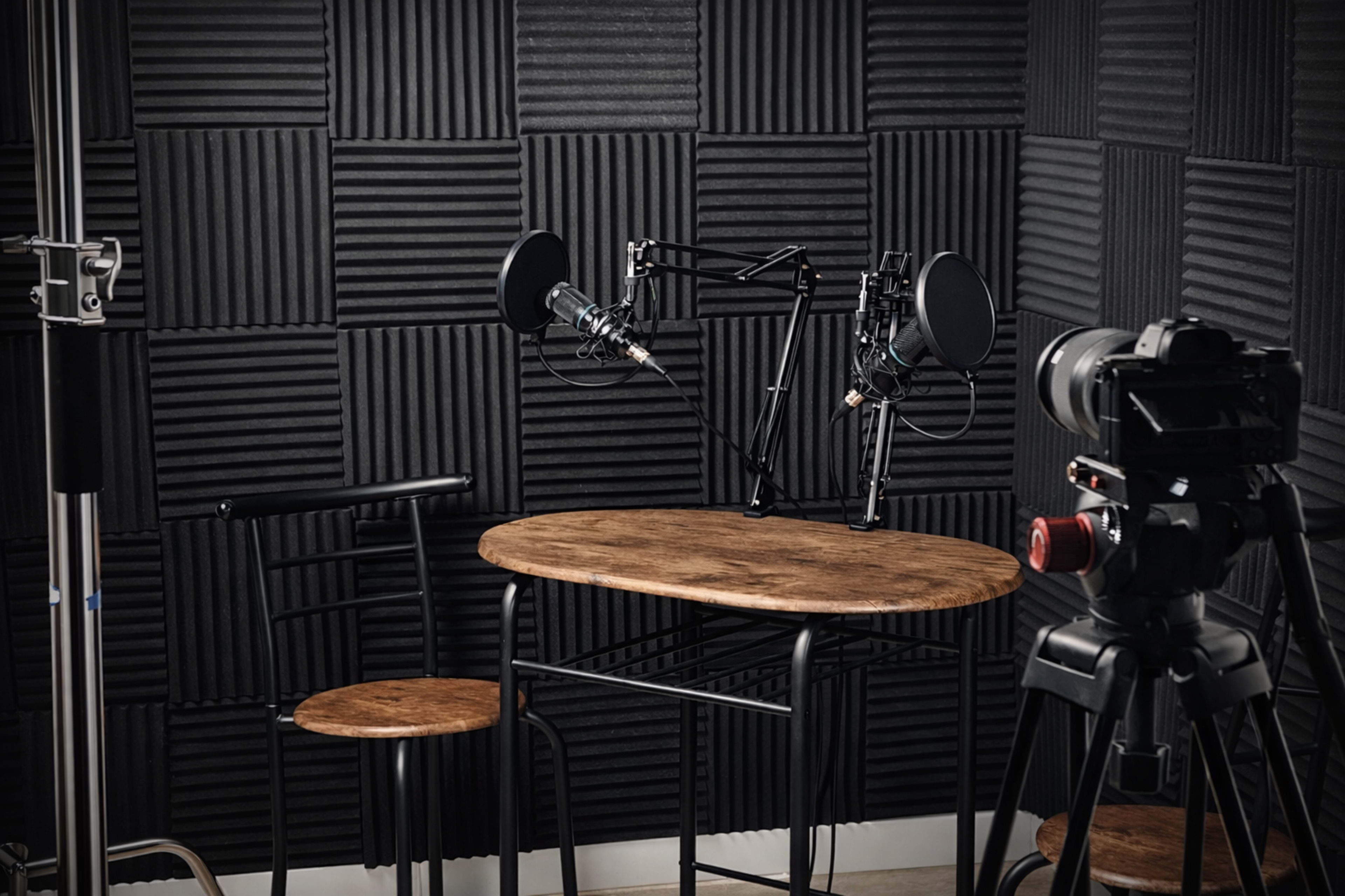 A small recording studio features a wooden table with two microphones mounted on stands, surrounded by black soundproofing panels.
