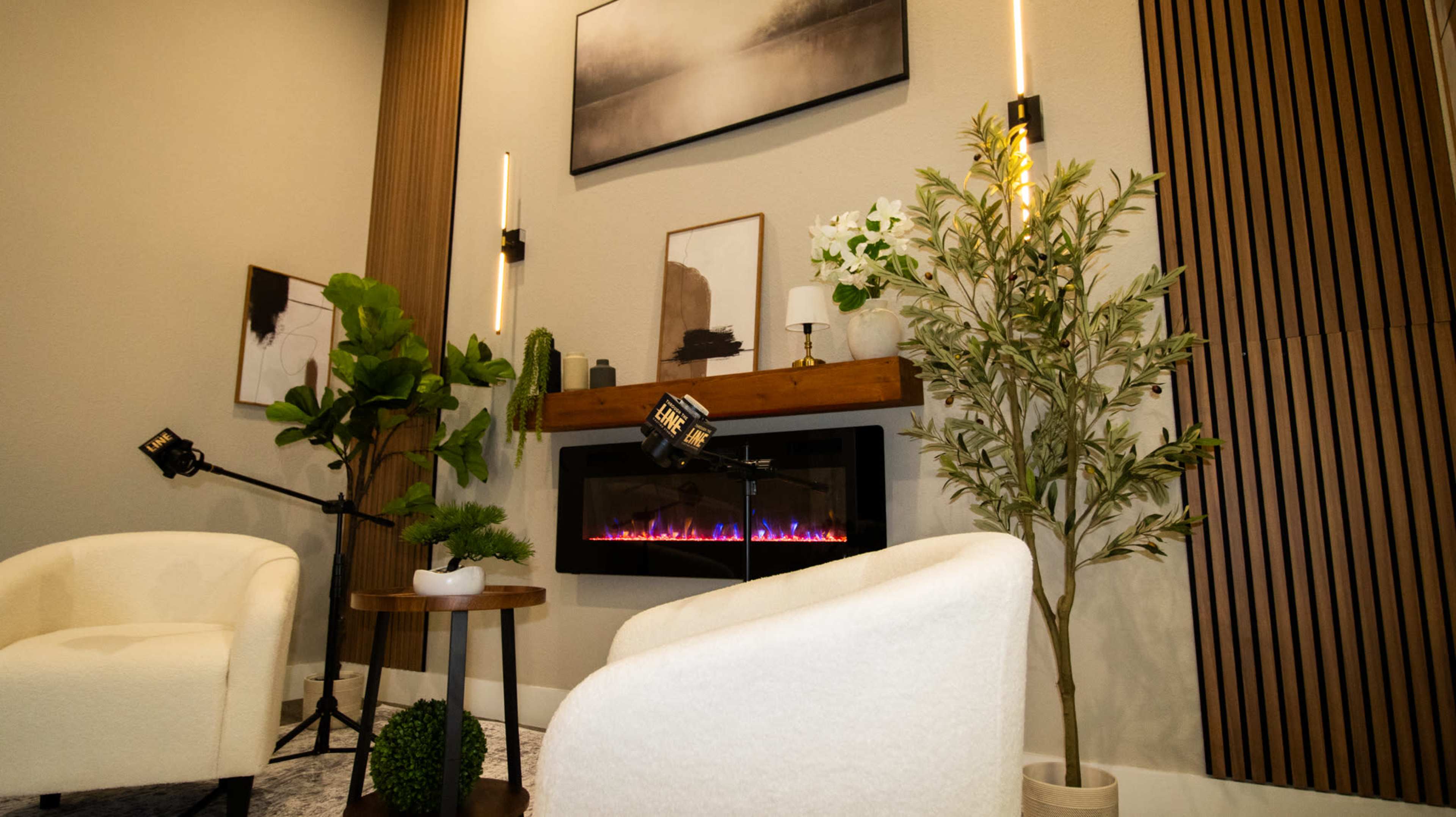 The image depicts a modern, cozy interior space featuring two white chairs, a small table, a faux fireplace with an illuminated flame effect, and decorative plants arranged around a wall with wooden accents.