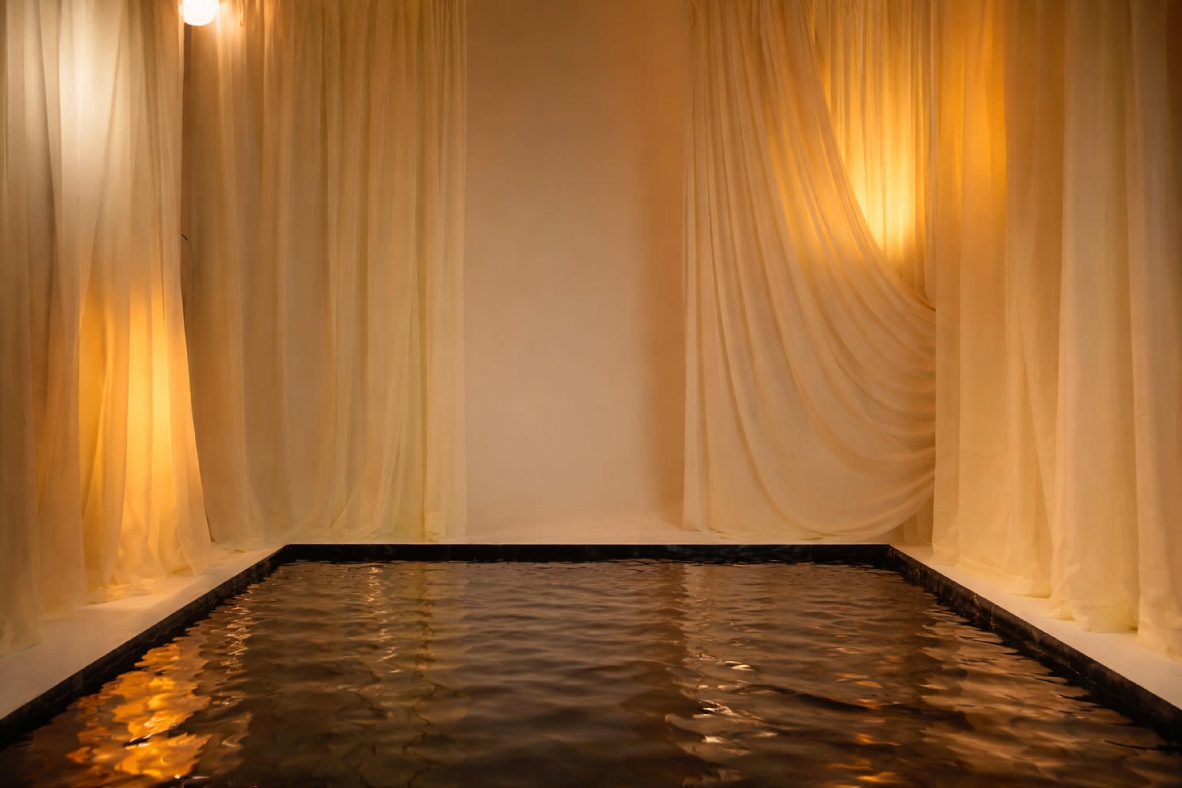 The image shows a serene indoor space with a dark pool of water surrounded by soft, illuminated drapes.