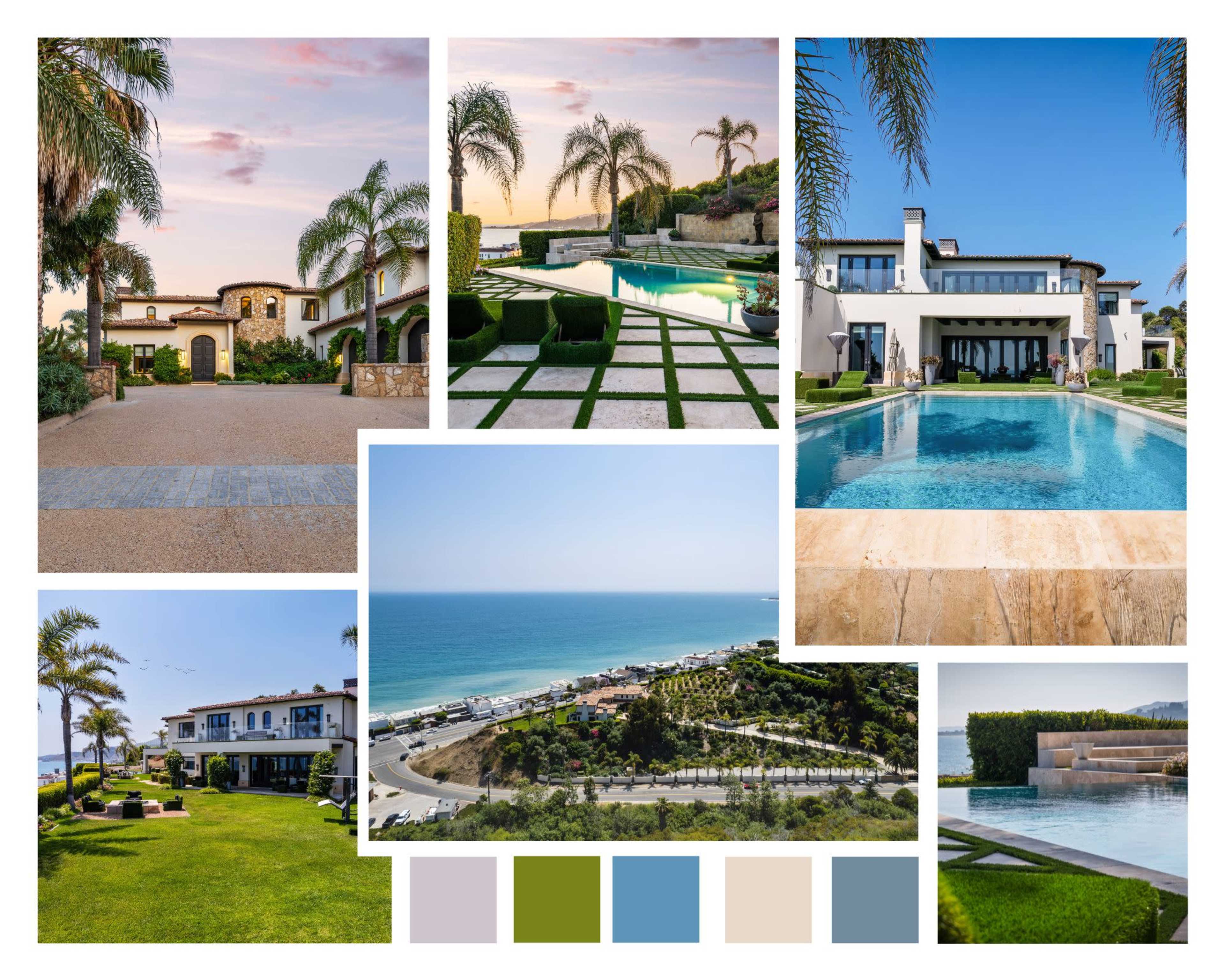 The collage showcases a luxury coastal property featuring a modern home with a large pool, landscaped gardens, and ocean views.