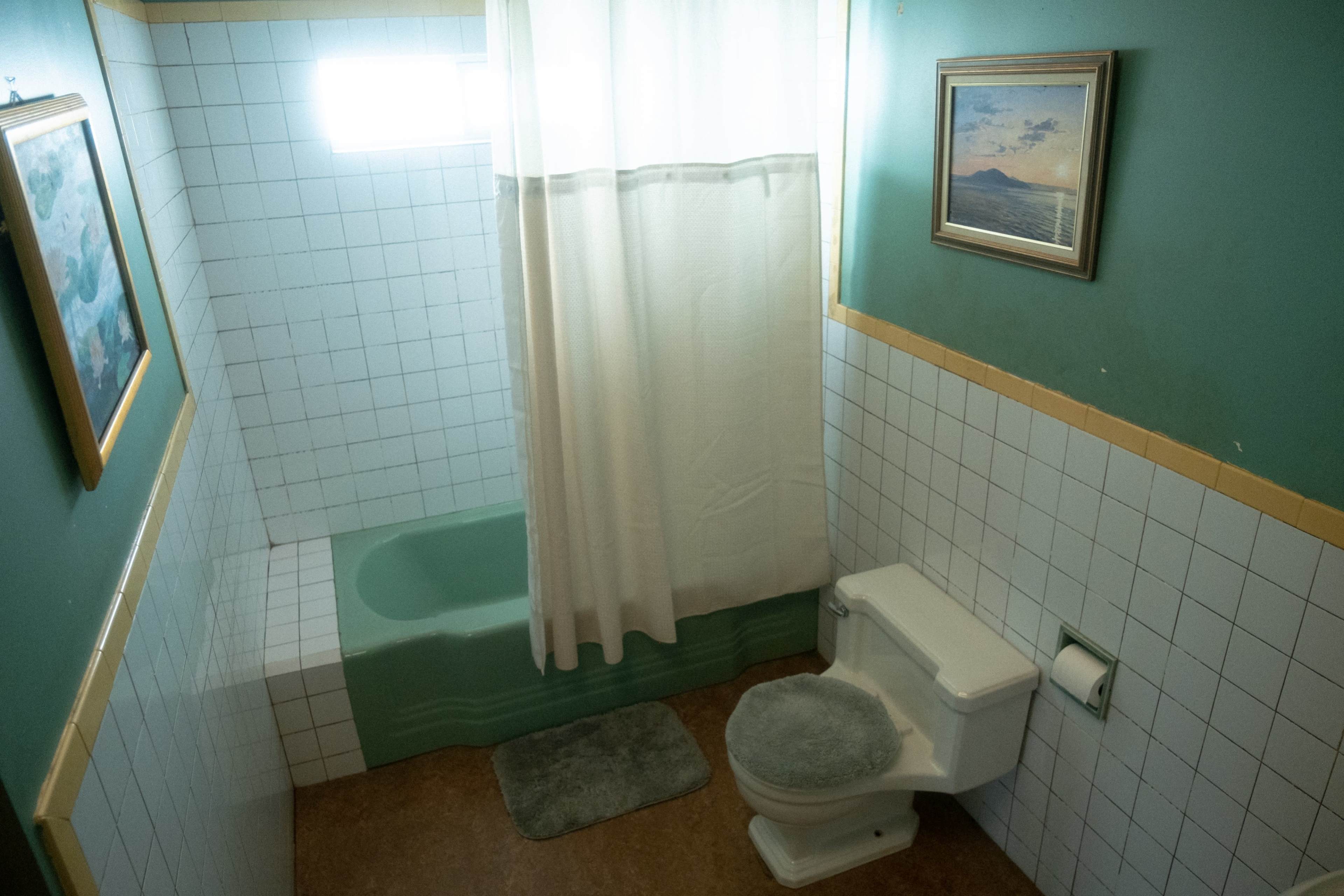 A bathroom featuring a tub, a toilet, a shower curtain, and framed art on the walls.
