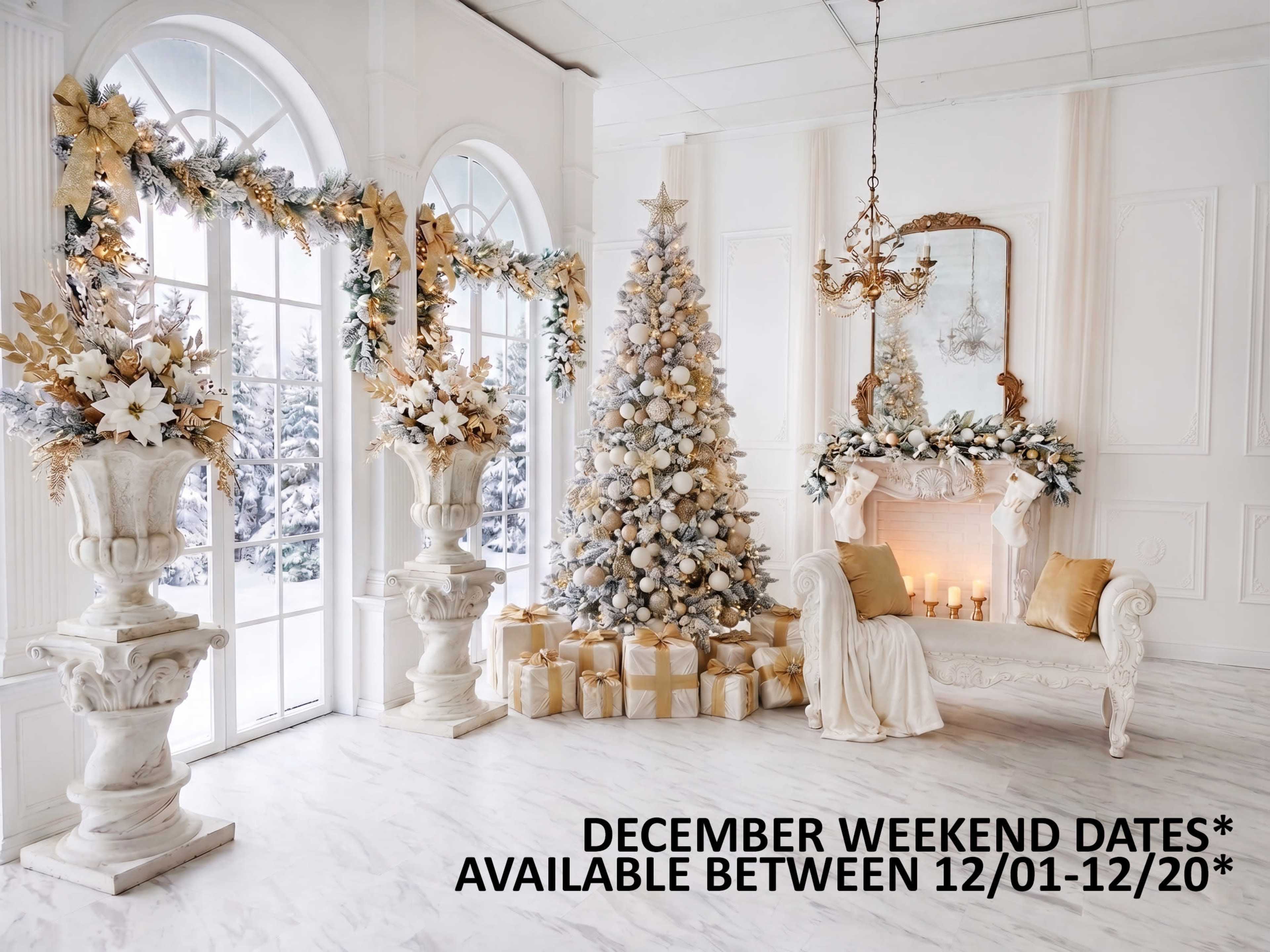 The image shows a beautifully decorated room featuring a large Christmas tree with presents, elegant floral arrangements, and a cozy seating area.