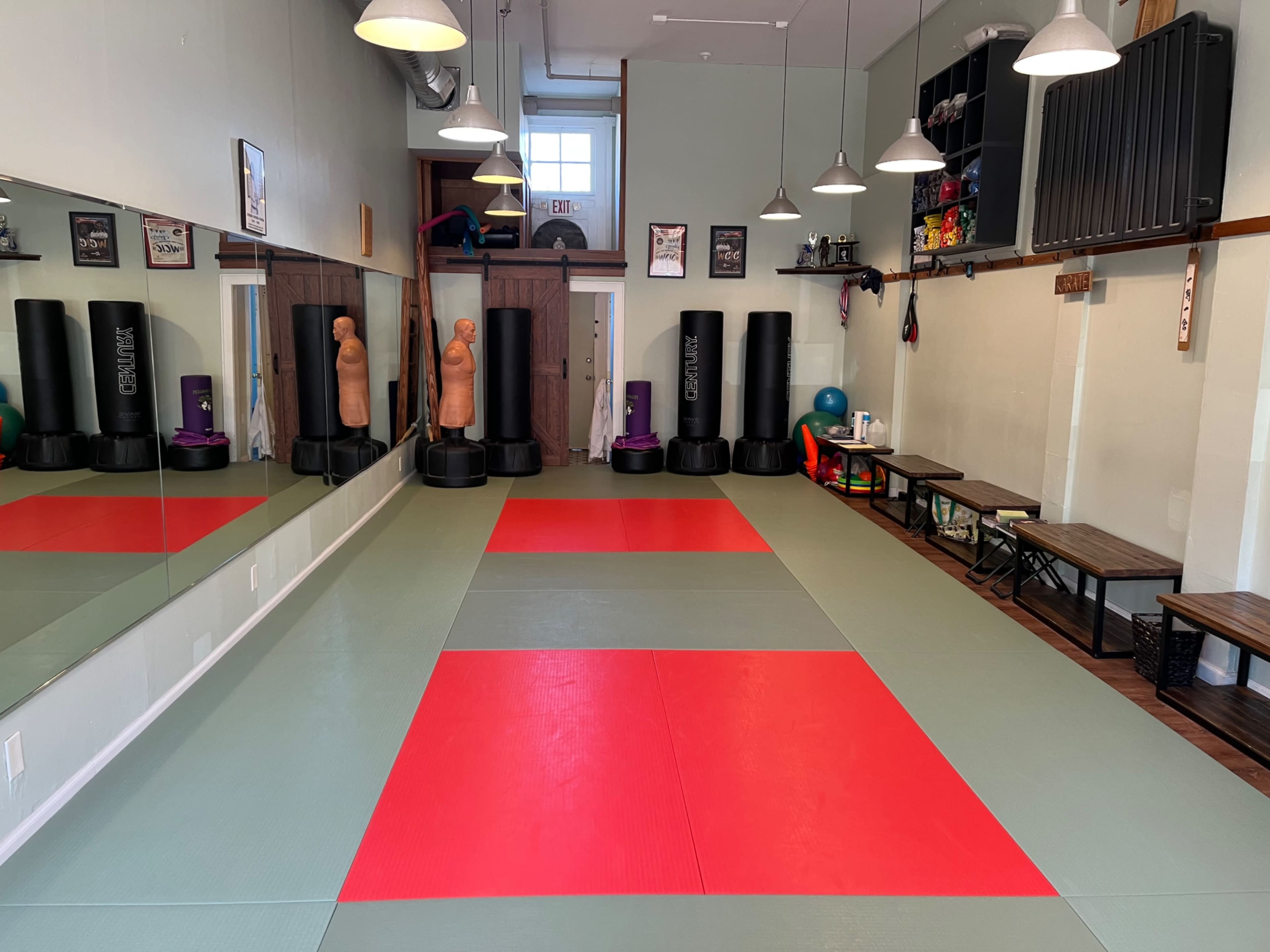 The image shows a well-lit martial arts studio featuring red and gray mats, training dummies, and black punching bags against mirrored walls.
