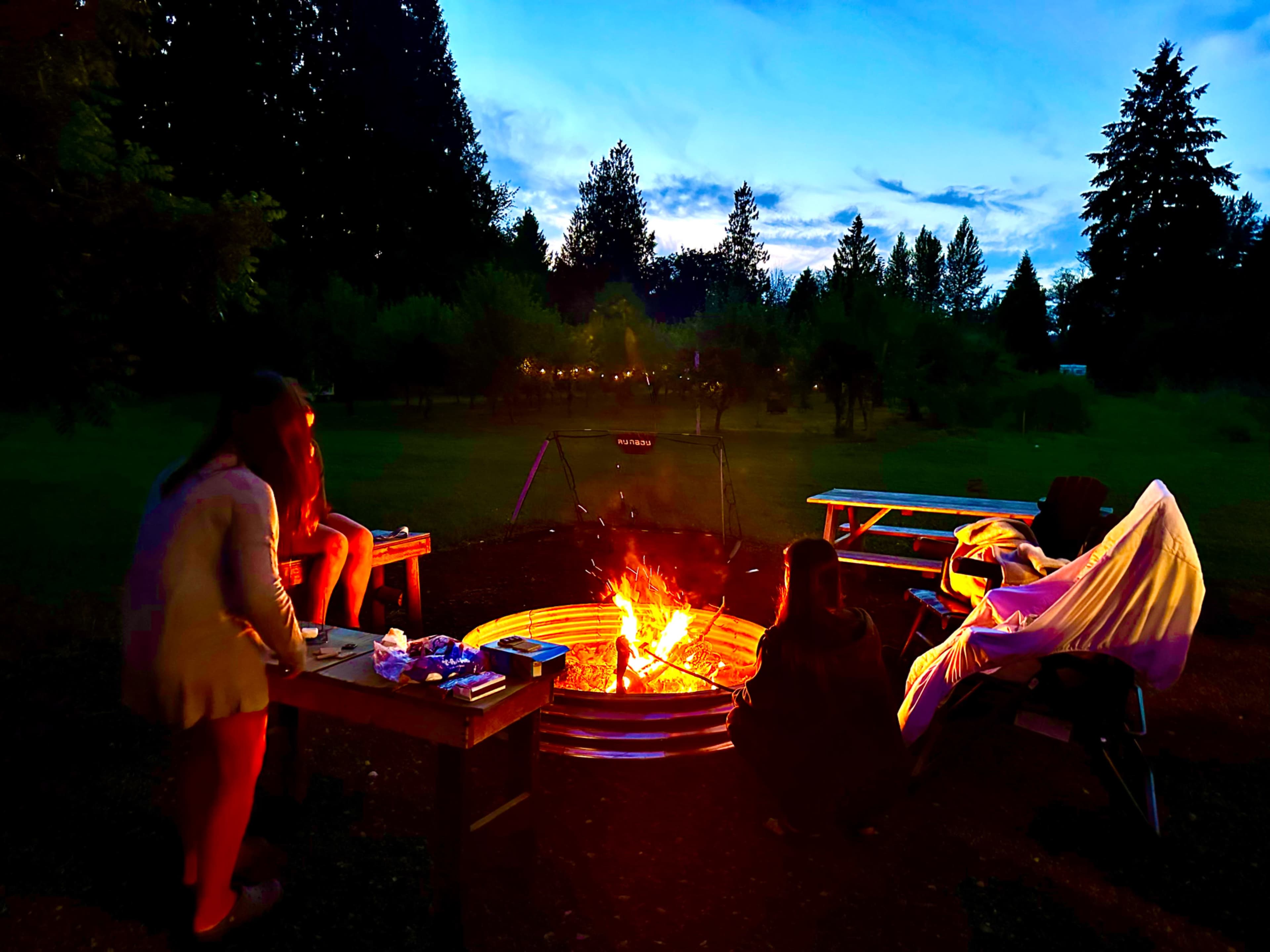 People gather around a campfire in a backyard, seated at picnic tables as dusk settles in.