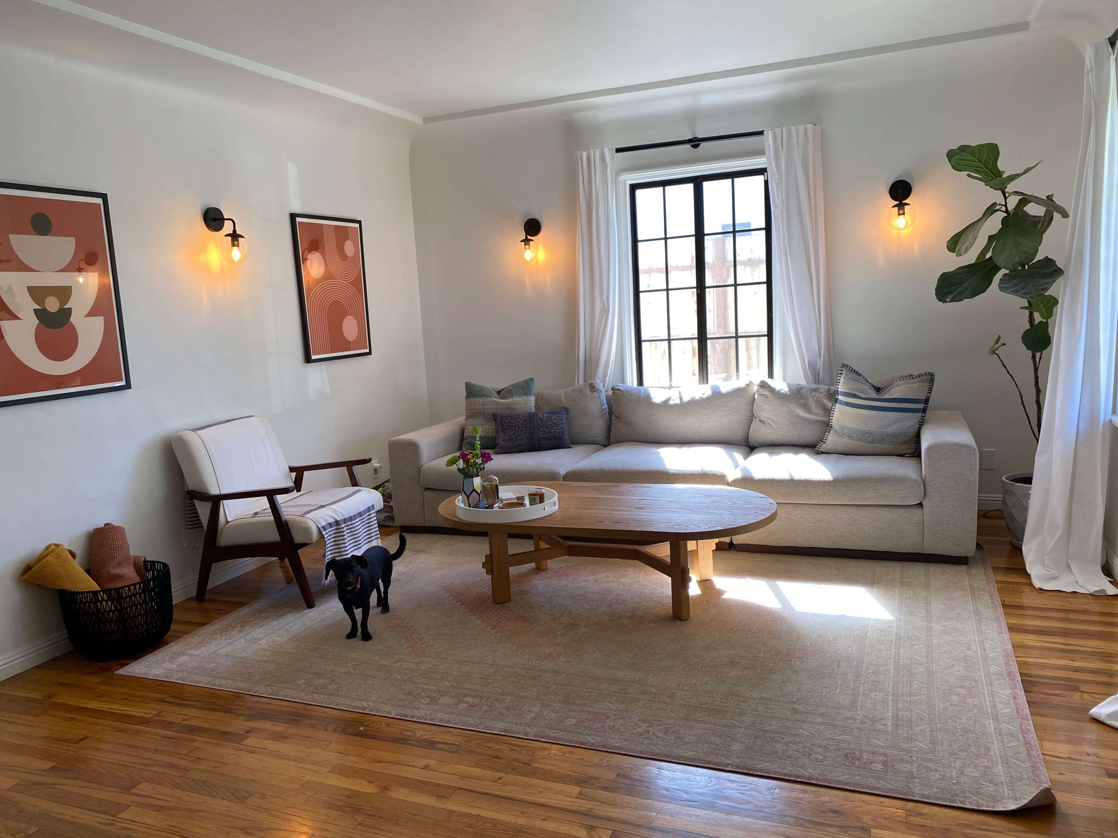 A living room with a light-colored sofa, a round wooden coffee table, decorative artwork on the walls, and a black dog standing near a plant by a window.