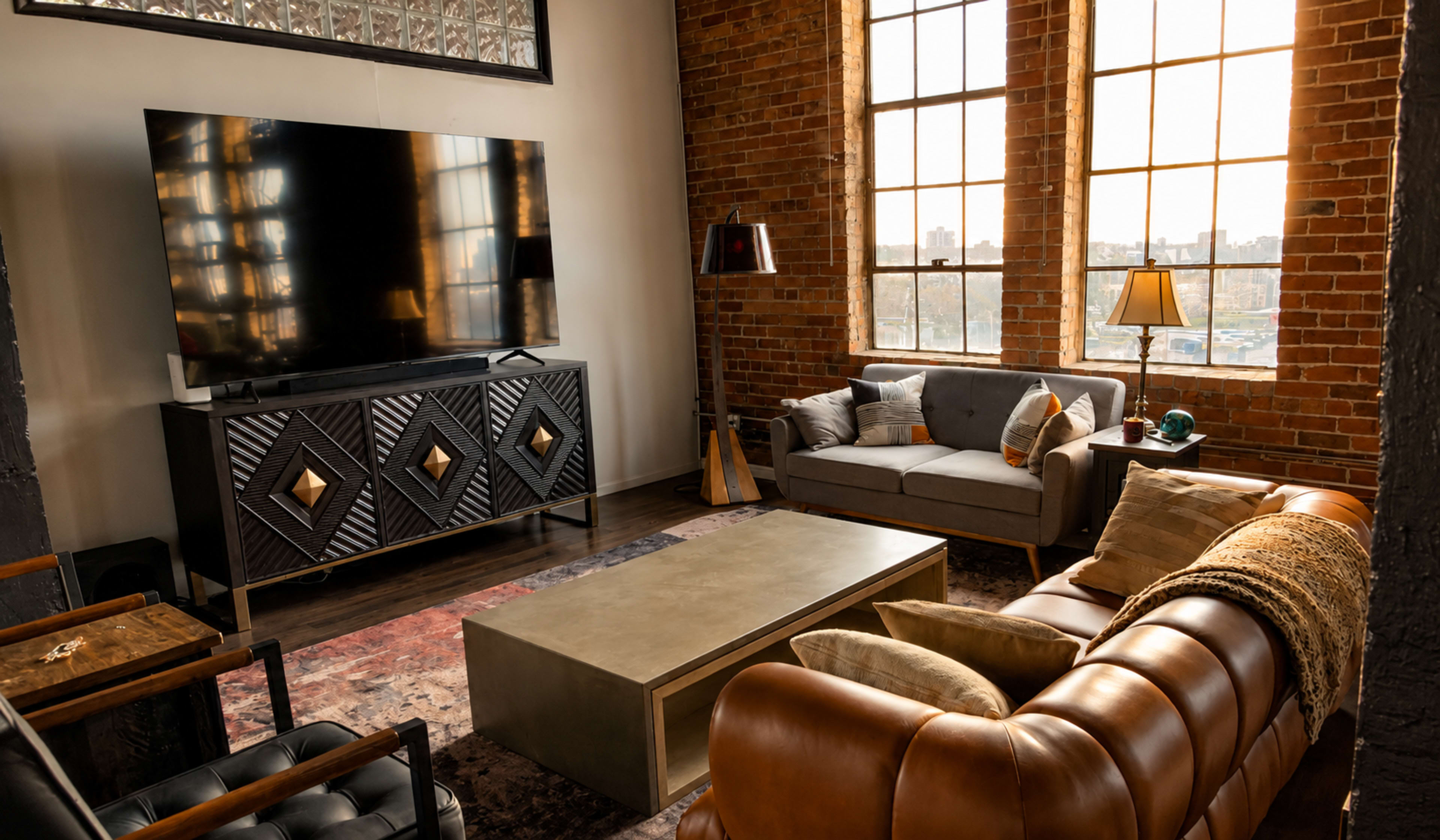 The image shows a modern living room with large windows, featuring a flat-screen TV, a gray sofa, a brown leather couch, and a coffee table on a patterned rug.