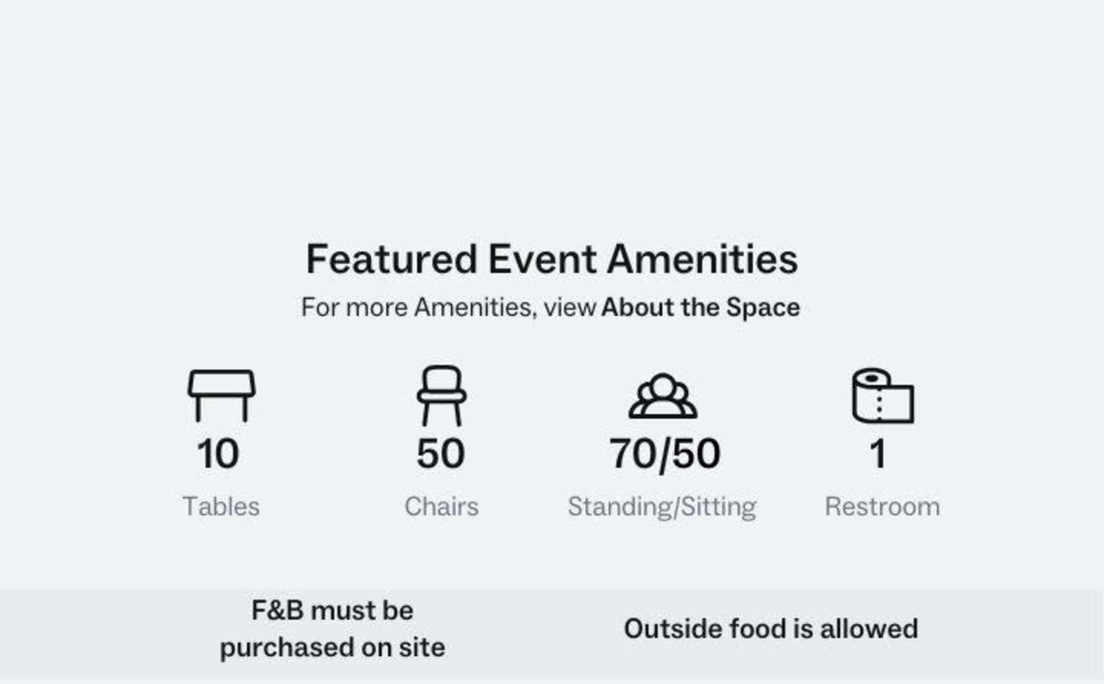 Event amenities, including 10 tables, 50 chairs, capacity for 70 people, and 1 restroom.