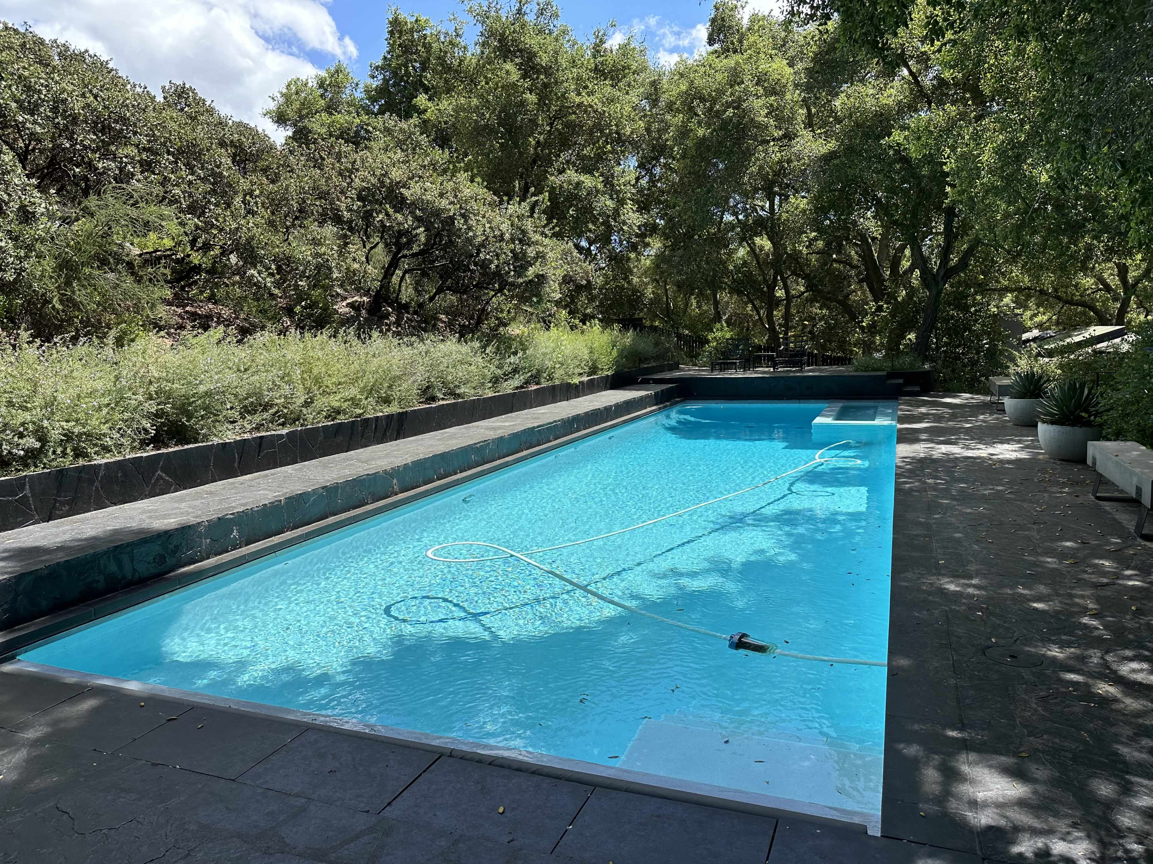 A long, rectangular swimming pool surrounded by trees and a stone patio.