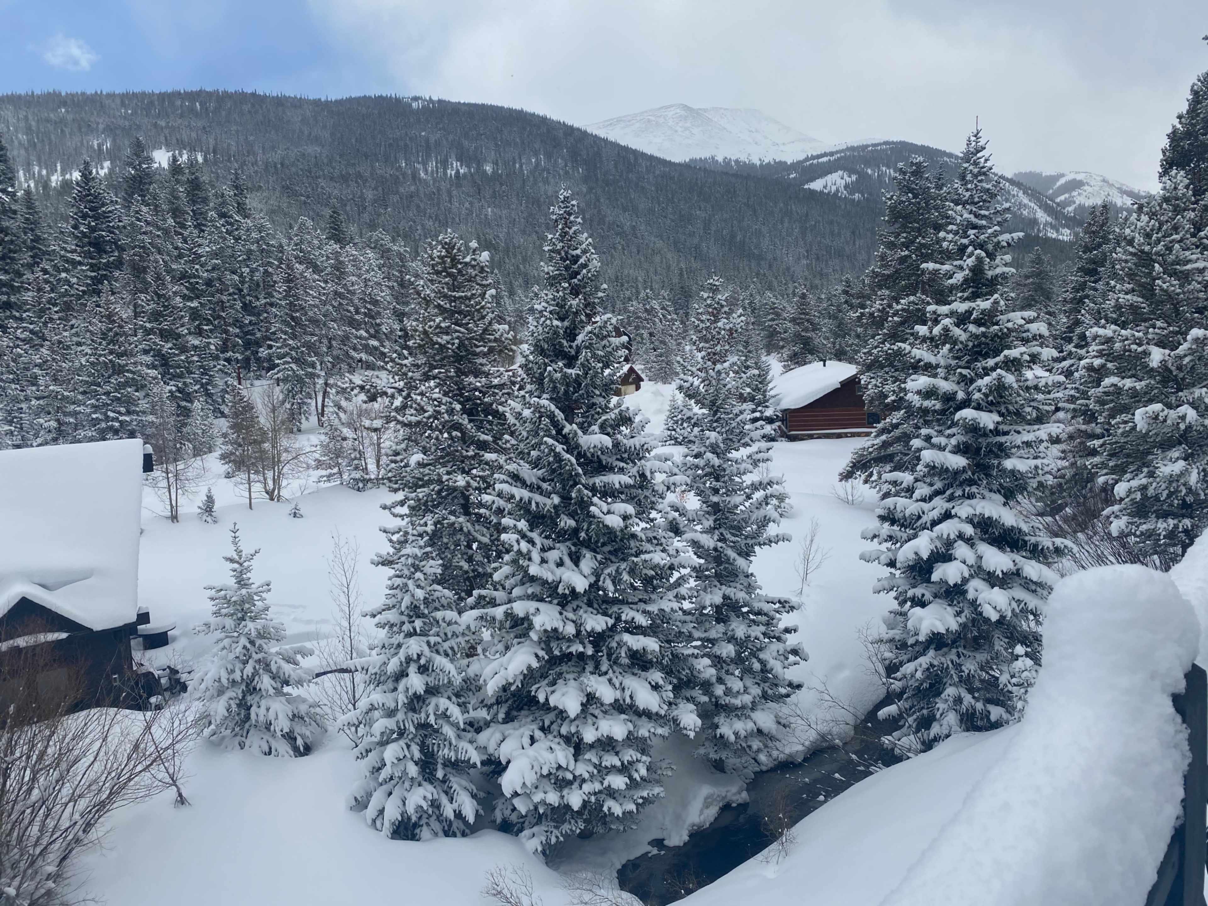 A snowy landscape features evergreen trees, a small stream, and rustic cabins nestled in a mountainous area.