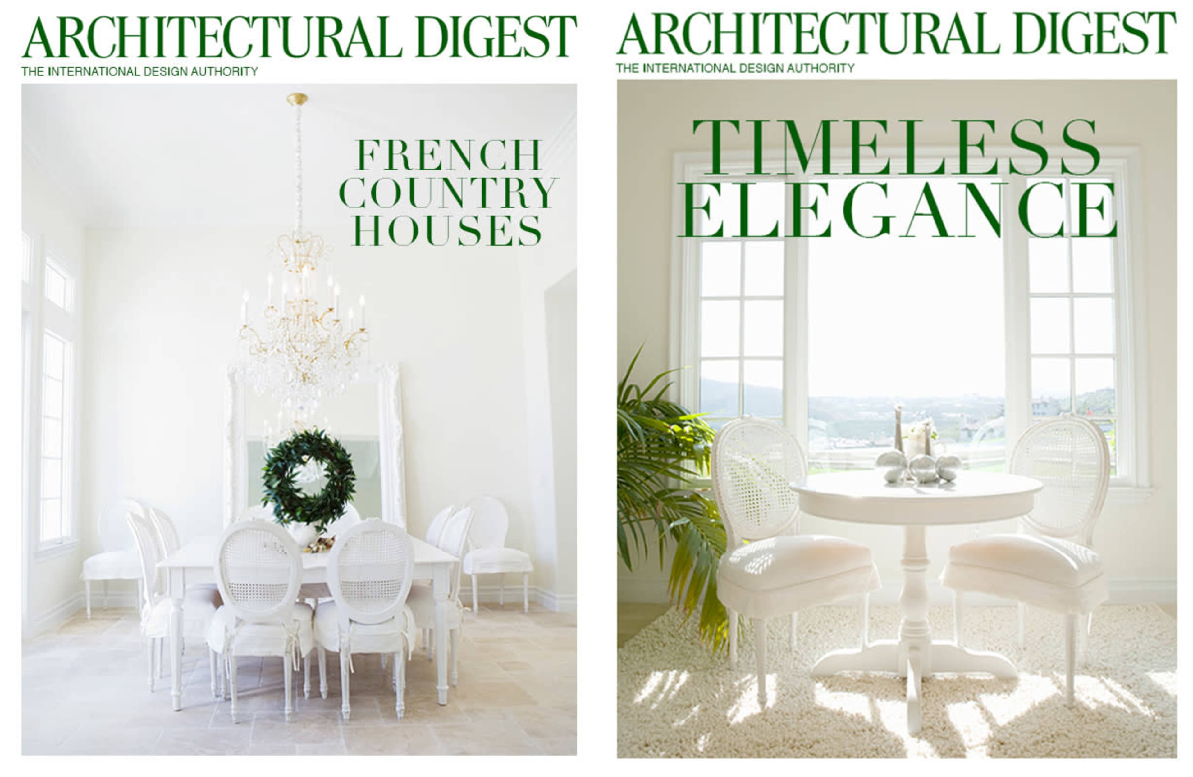Two covers of Architectural Digest, featuring a dining room adorned with a chandelier and a white table setting on each cover.