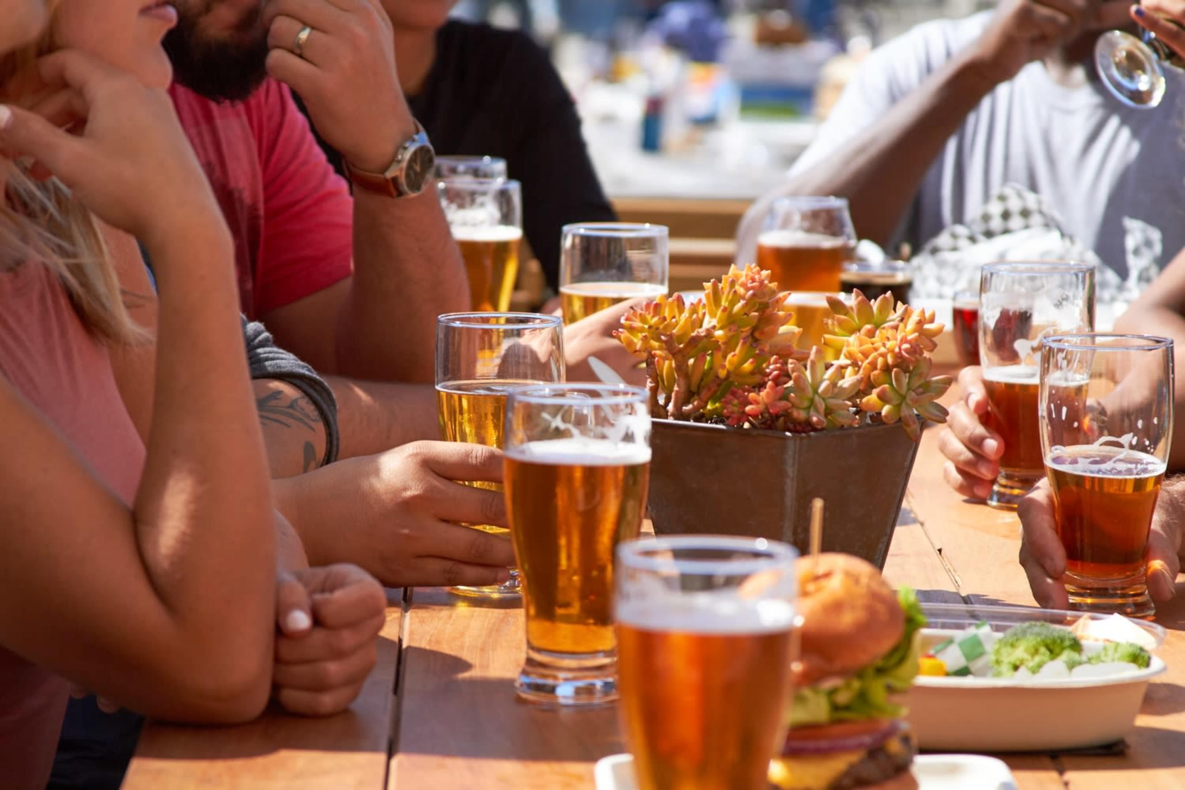 A group of people sits around a wooden table adorned with glasses of beer, a succulent plant, and a plate of food.