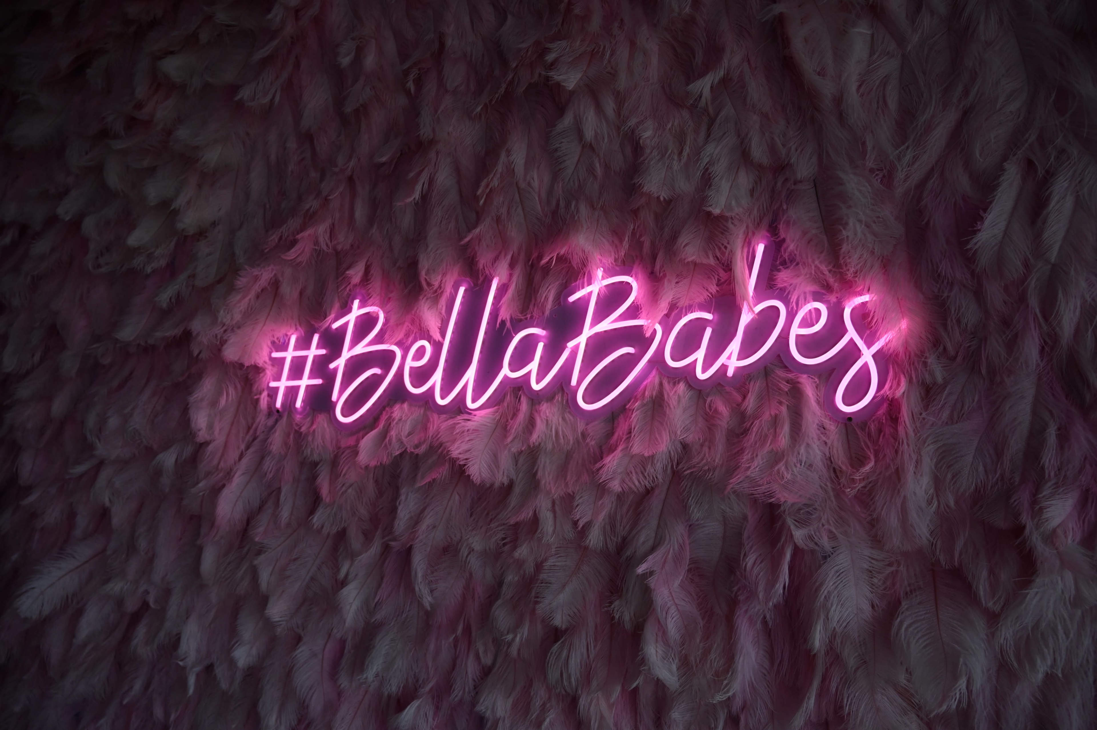 A pink neon sign reading "#BellaBabes" is illuminated against a textured background of soft feathers.