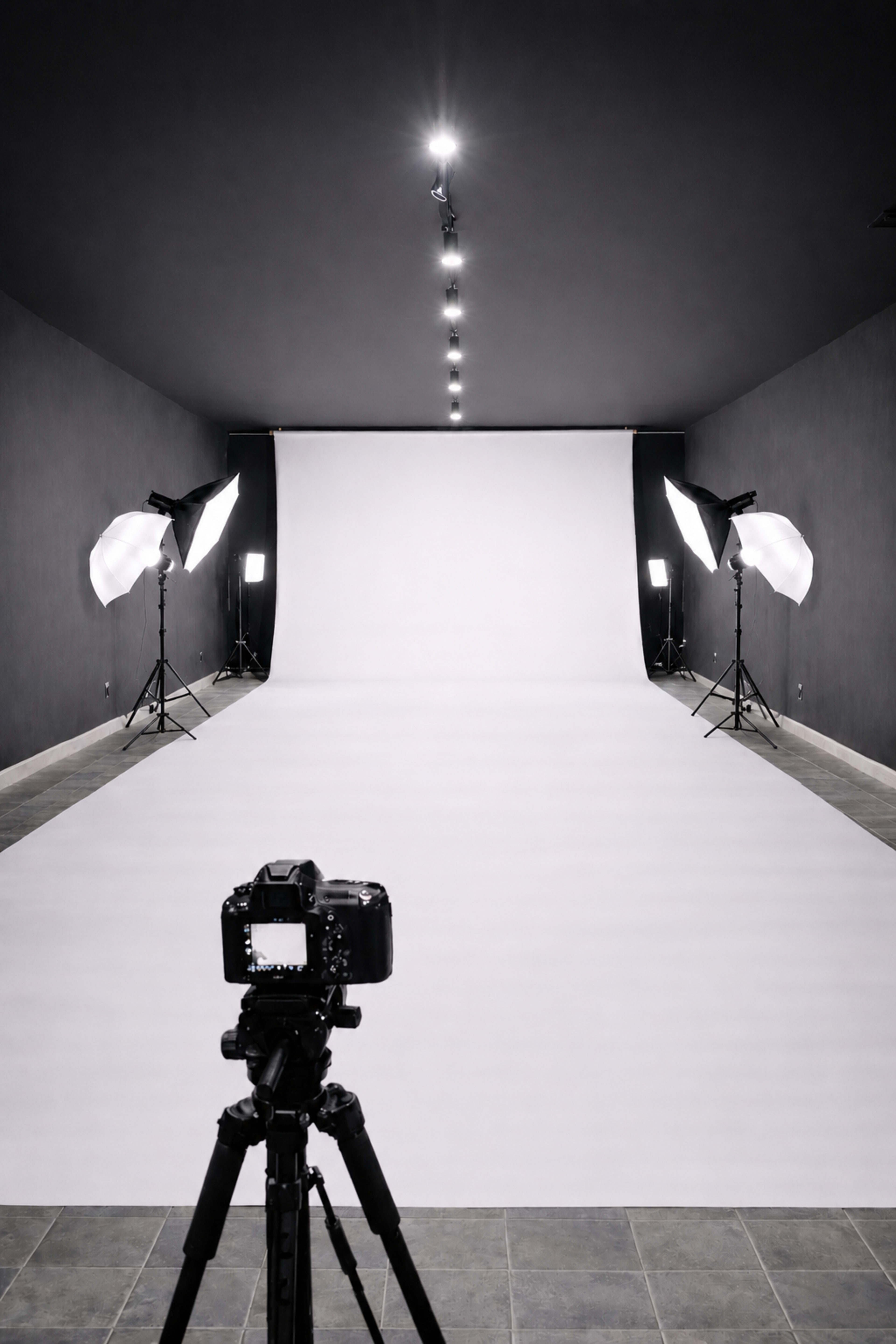 A photography studio features a blank backdrop, camera on a tripod, and two lighting setups on either side.