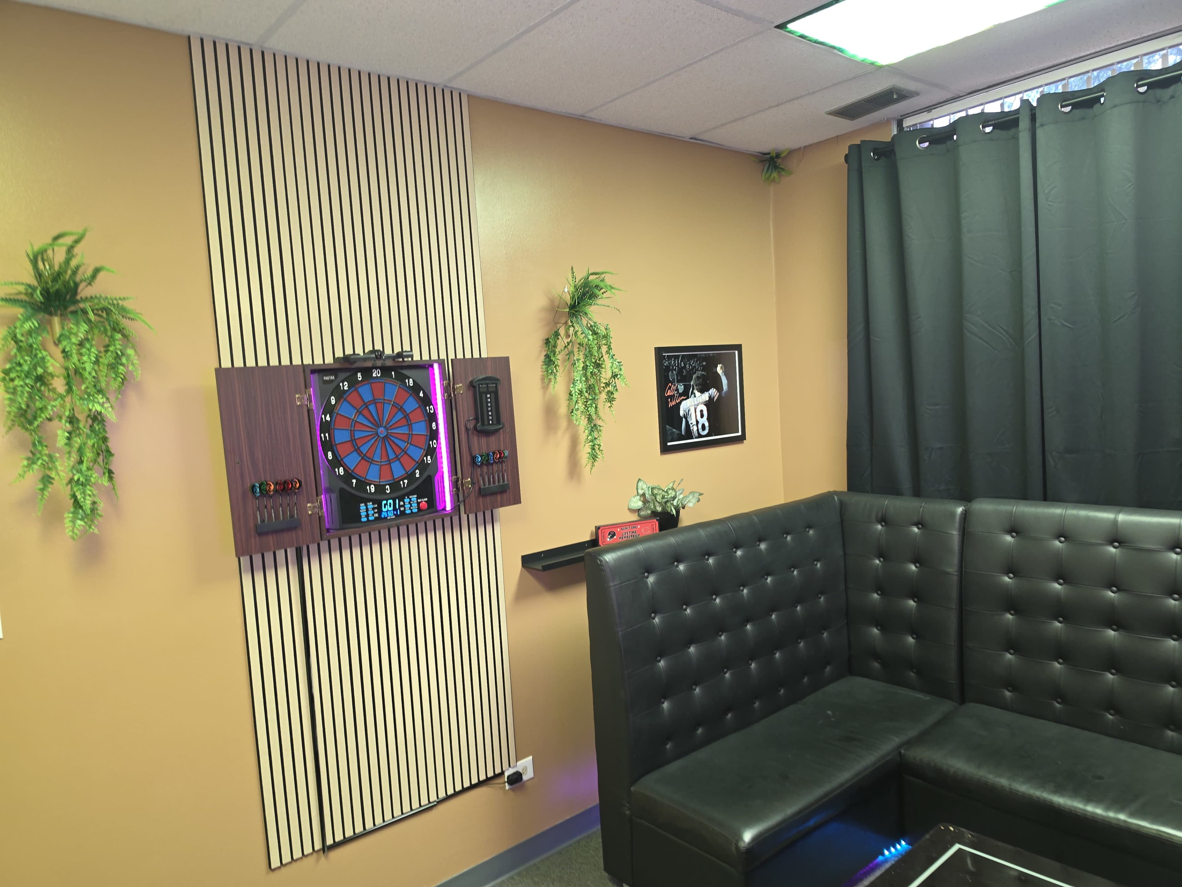 The image shows a room featuring a black dartboard on the wall, a sectional leather couch, and decorative plants along with a framed photo on an adjacent wall.