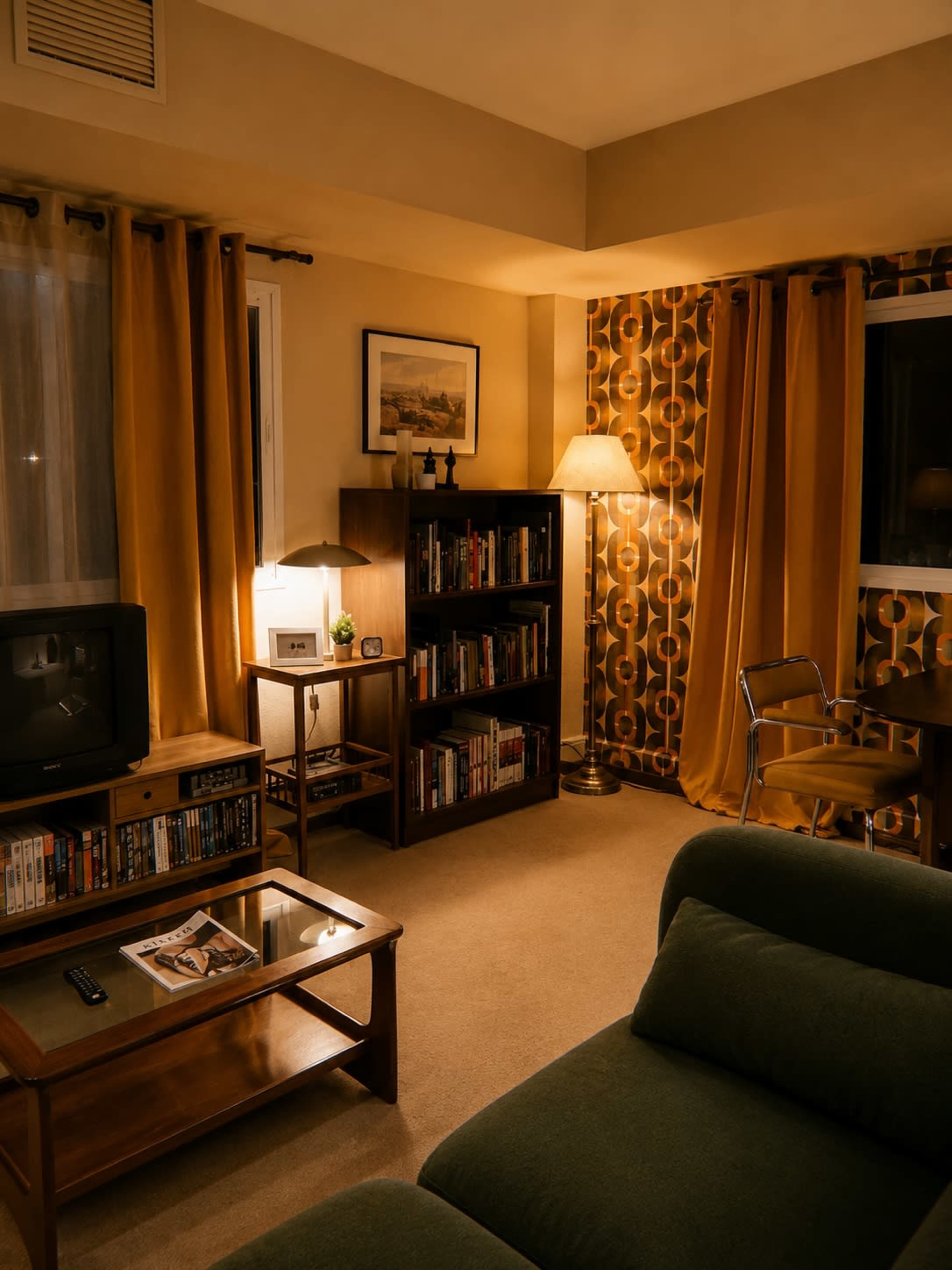 The image shows a cozy living room with a green sofa, a wooden coffee table, a bookshelf filled with books, and warm lighting from a floor lamp.
