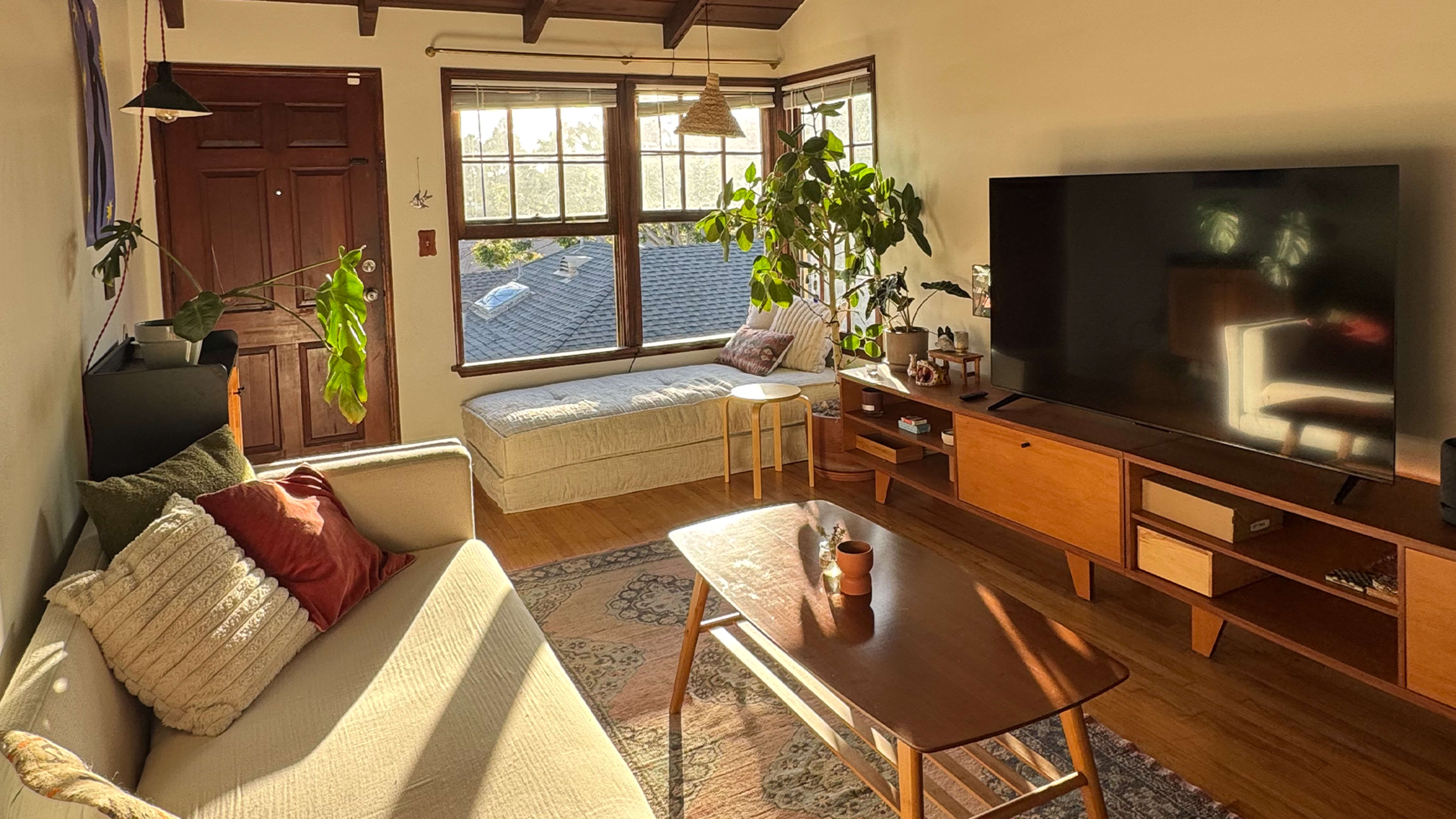 The image shows a cozy living room with a couch, a wooden coffee table, large windows letting in natural light, plants, and a television on a wooden media console.