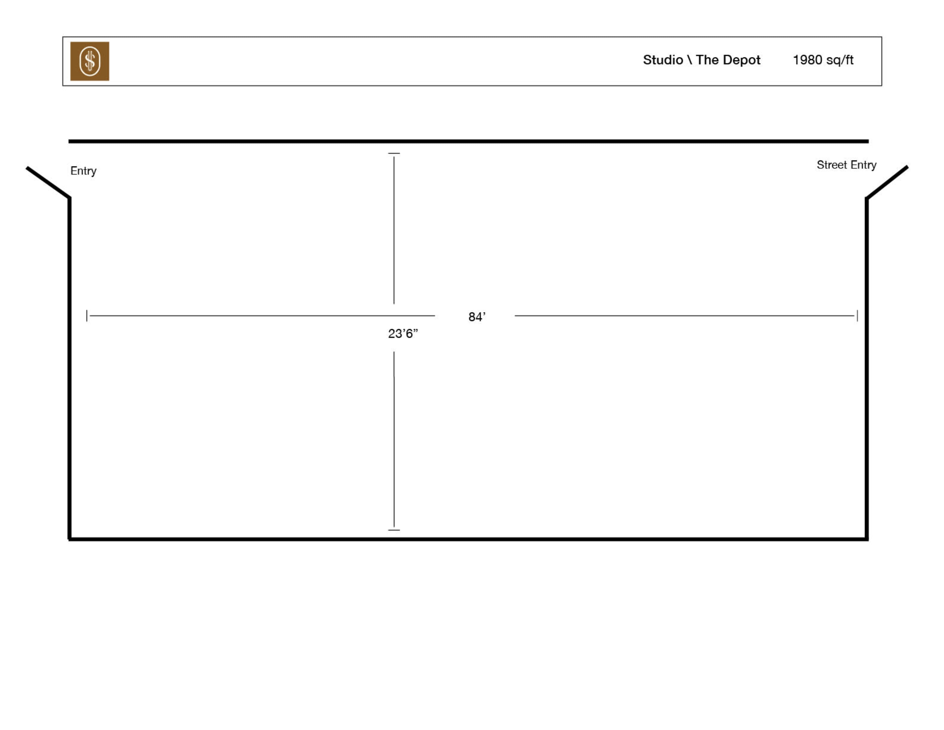 The image displays a floor plan for a studio titled "The Depot," measuring 1,960 square feet, with an entry and a street entry labeled at the top.