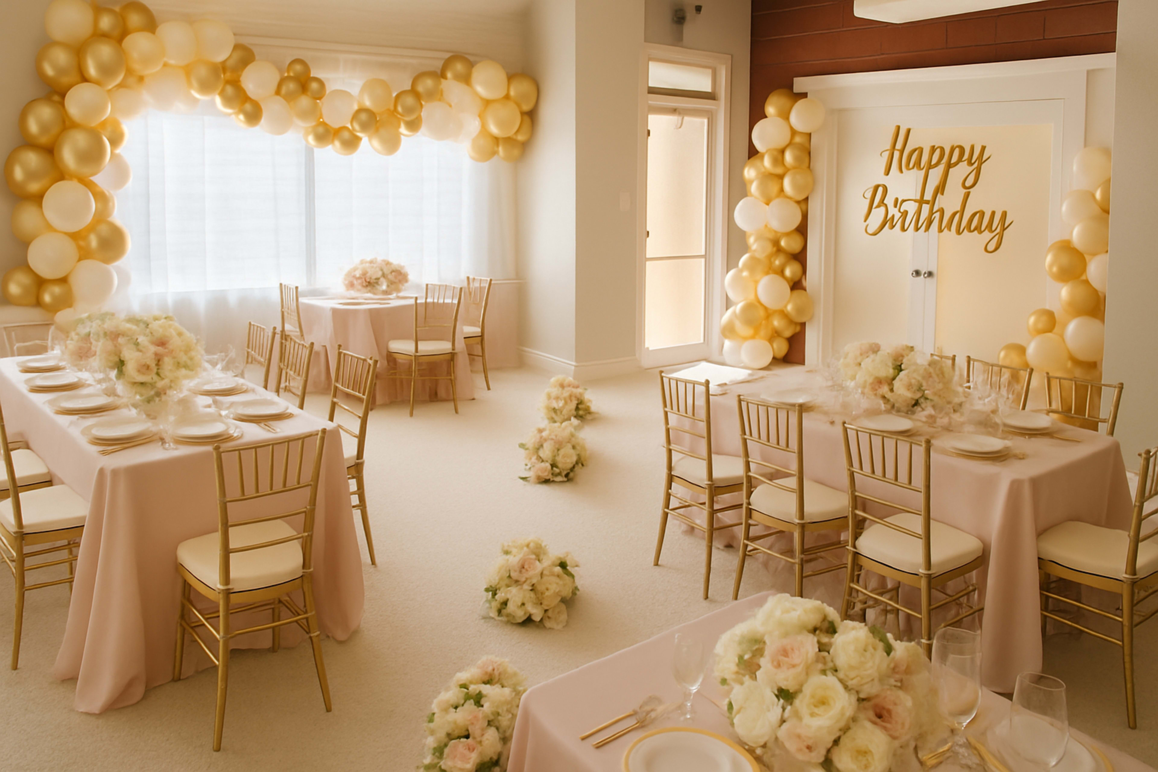 The room is decorated for a birthday celebration, featuring gold and white balloon archways, floral centerpieces on tables, and a "Happy Birthday" sign.