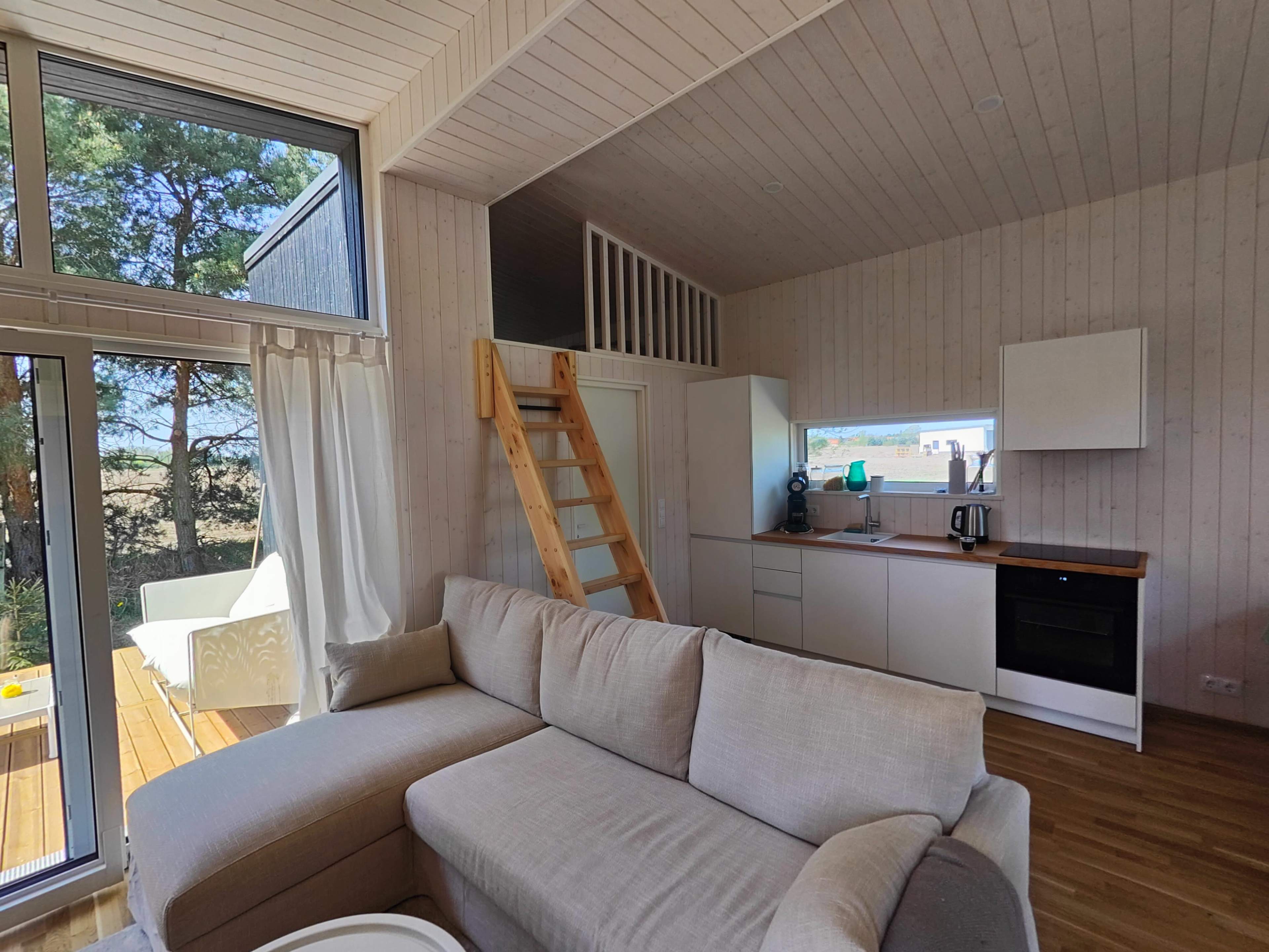 The image shows a modern, open-plan living space featuring a sofa, a kitchen area with white cabinetry, and a wooden ladder leading to an upper level.