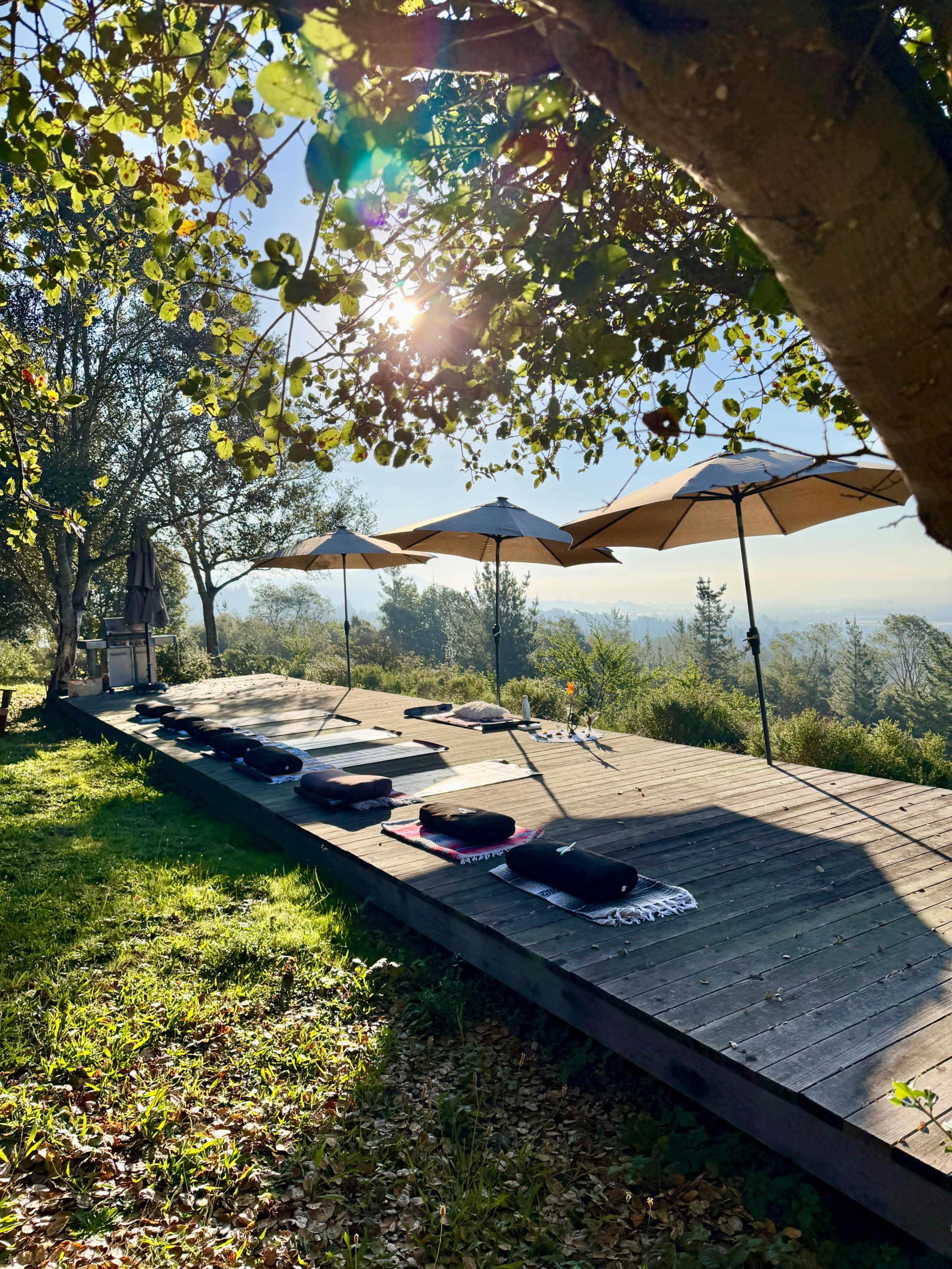 A wooden deck with yoga mats and umbrellas overlooks a scenic green landscape under a clear sky.