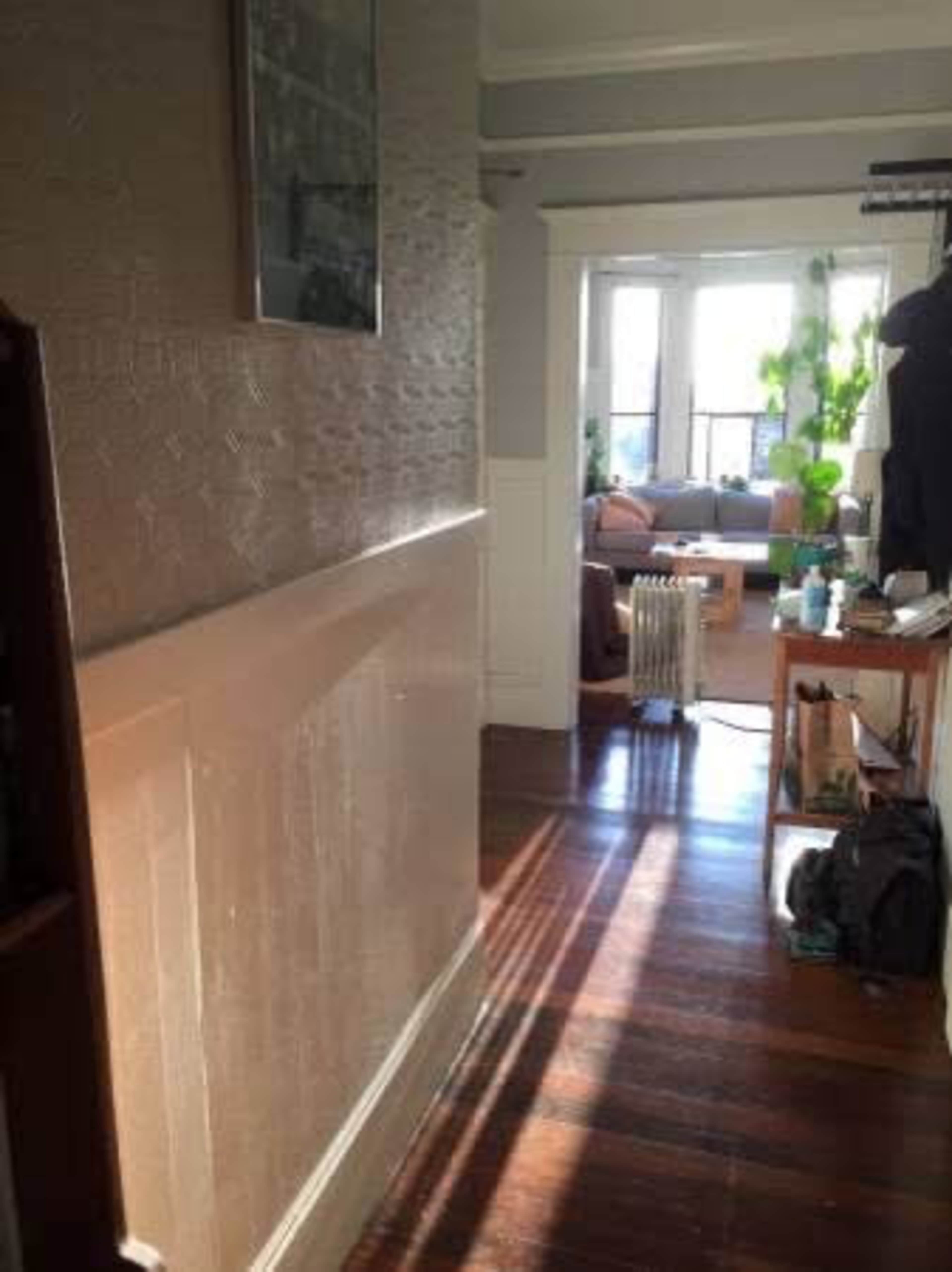 A sunlit hallway leads to a bright, open living room filled with plants and furniture.