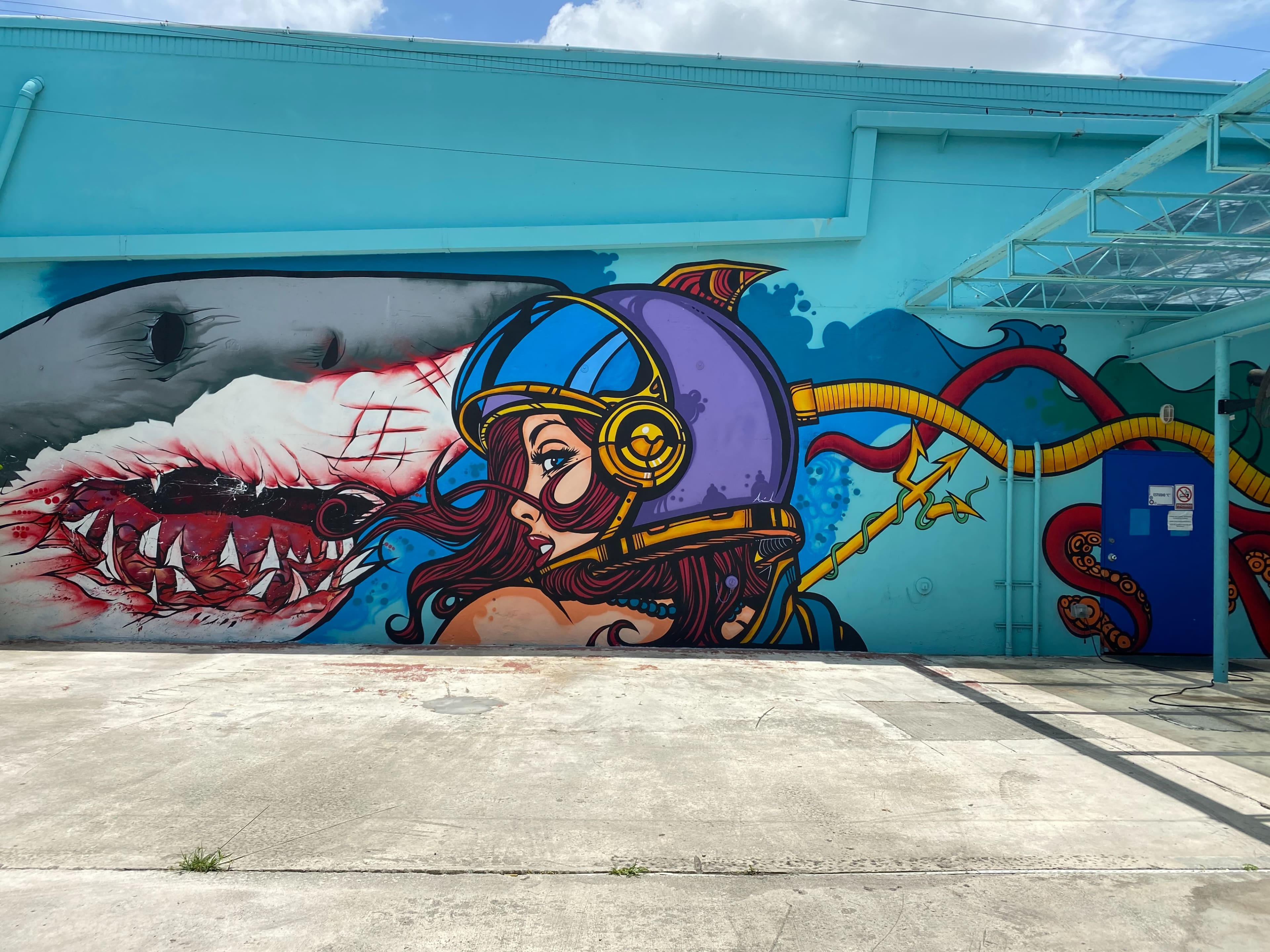 A colorful mural depicts a woman in a diving helmet next to a large shark.