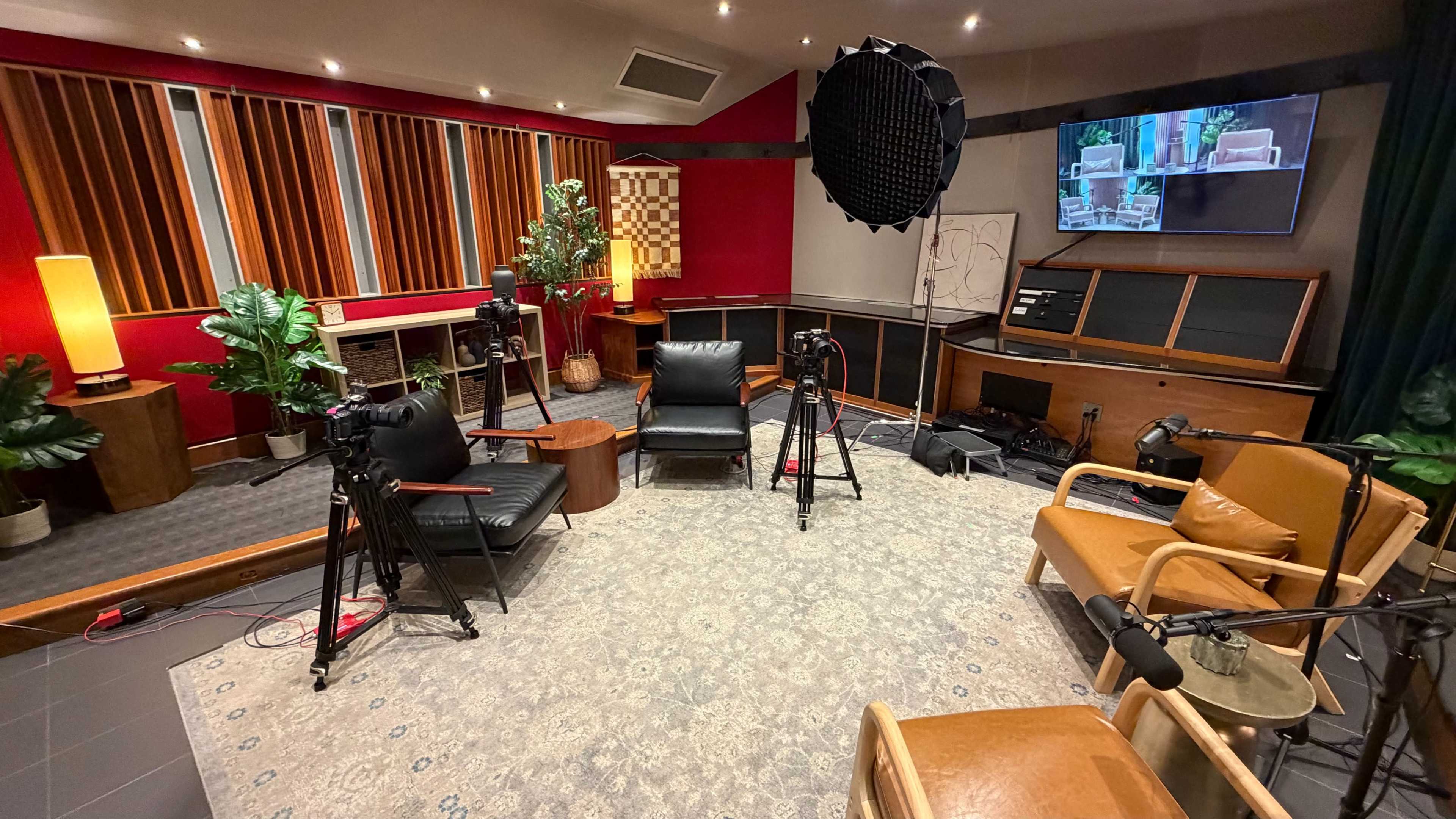 A media studio is arranged with multiple cameras, microphones, and seating, surrounded by decorative plants and soundproofing panels.