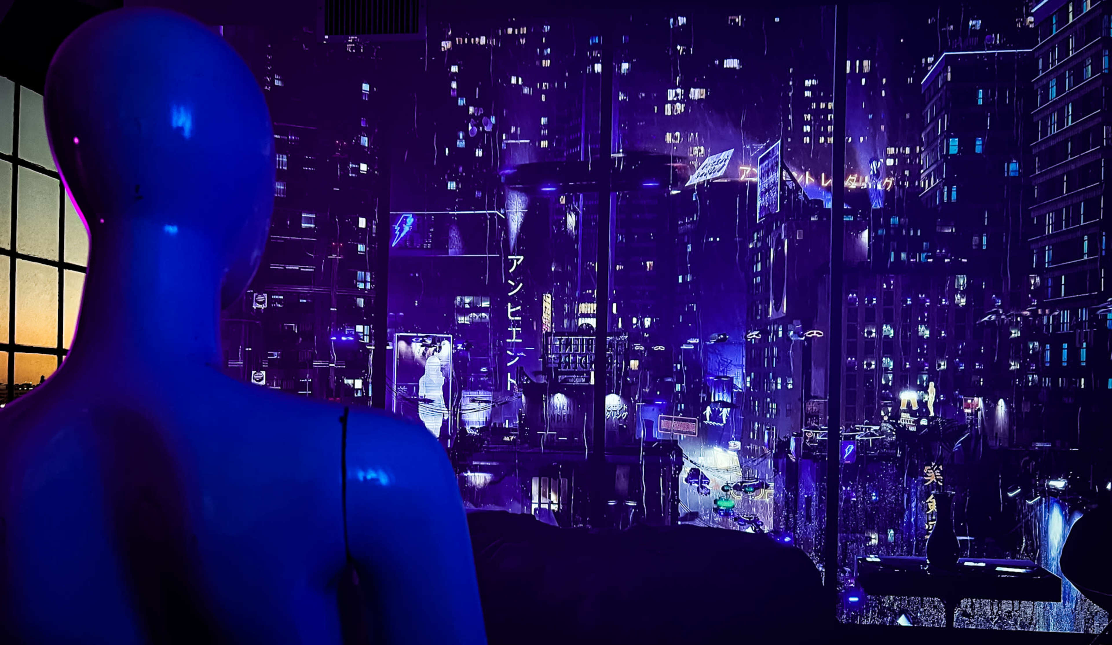 A blue mannequin stands in front of a window displaying a vibrant, neon-lit cityscape at night.