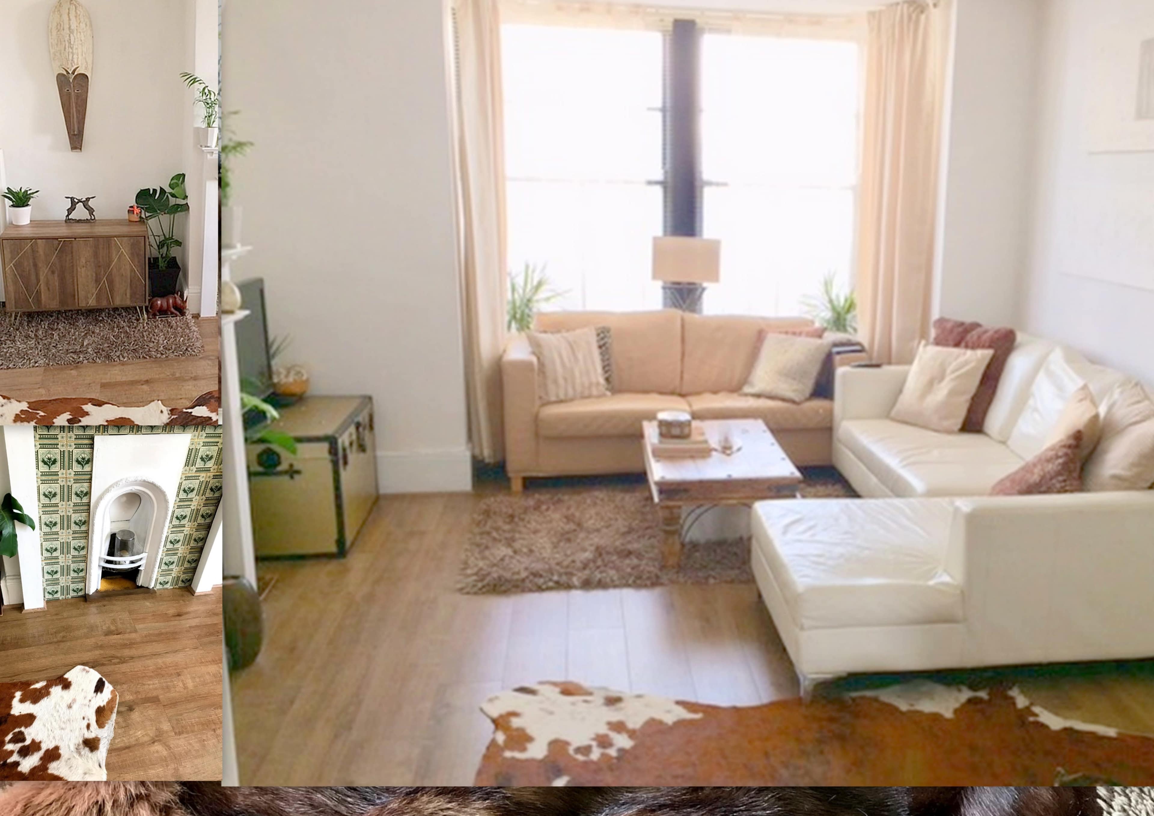 A brightly lit living room with a mix of modern furniture, including a beige couch and a wooden coffee table, complemented by a patterned area rug and decorative plants.