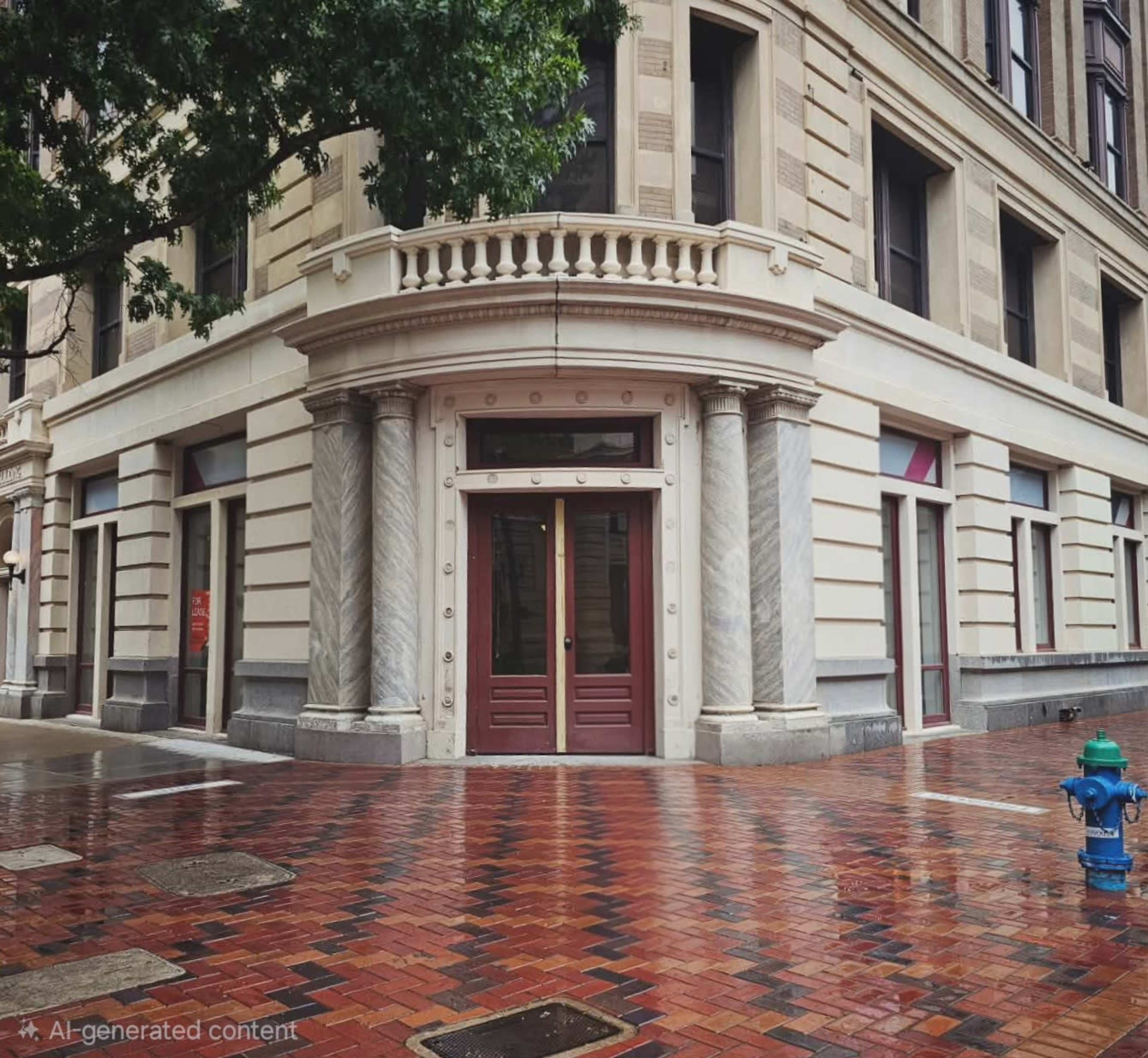 The image shows a corner view of a historic building with marble columns and a red brick sidewalk, accompanied by a fire hydrant.