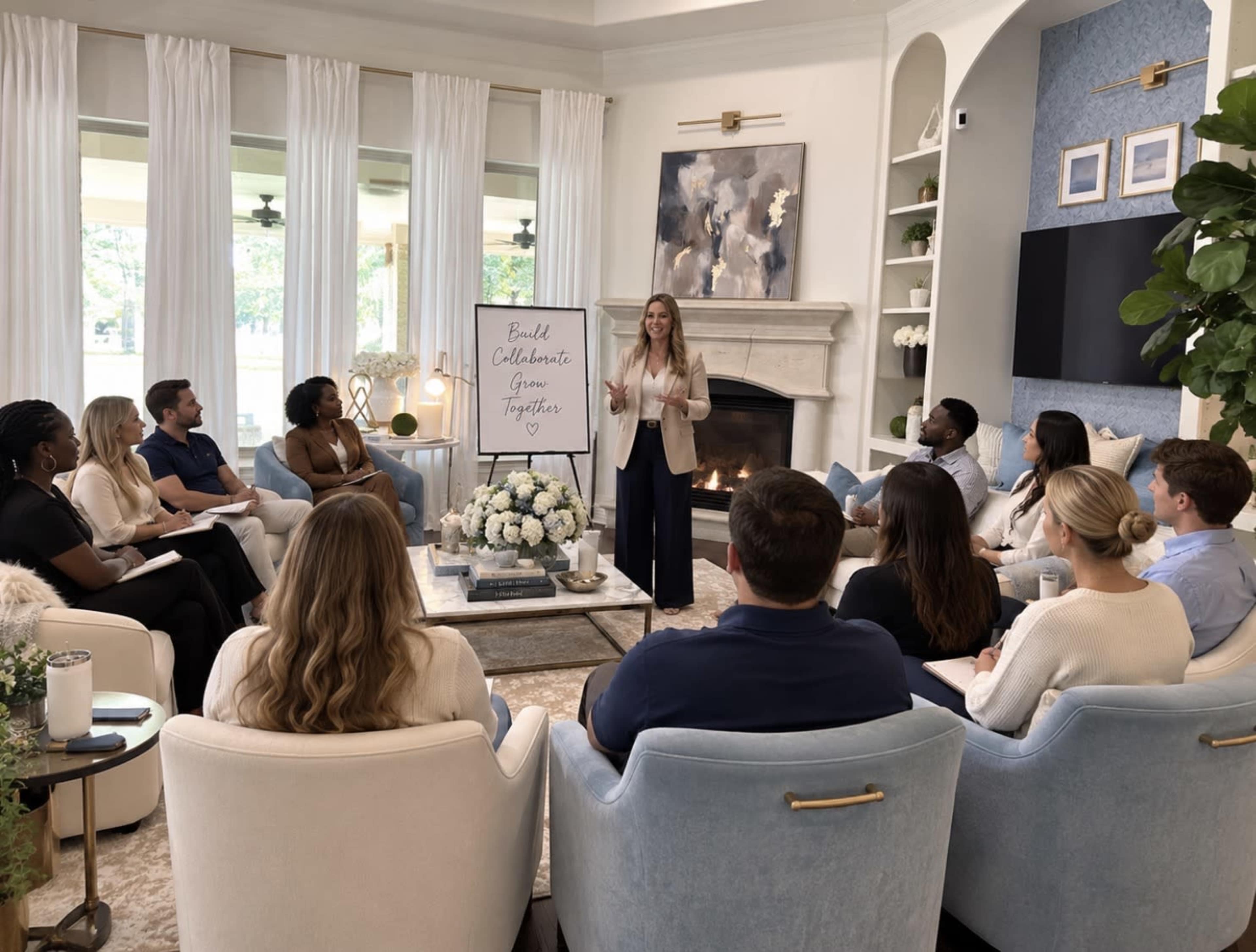 A group of people is seated in a modern living room, attentively listening to a woman presenting in front of a whiteboard.