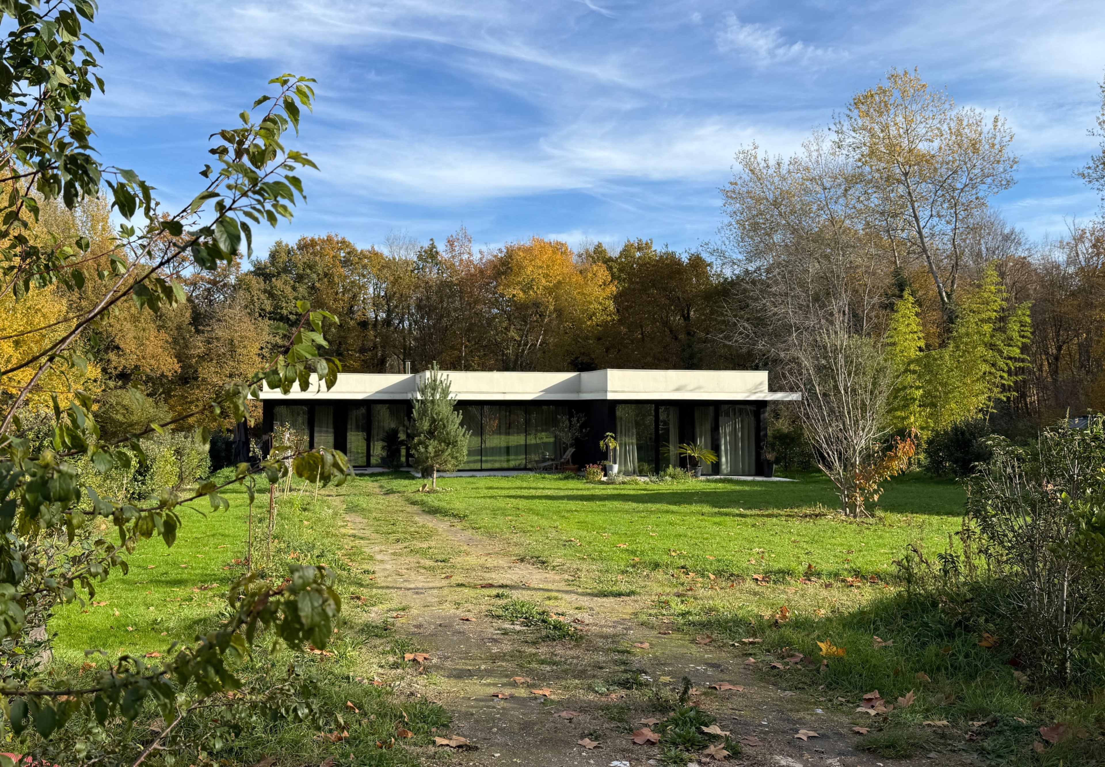 A modern house with large windows is situated on a grassy area surrounded by trees with autumn foliage.