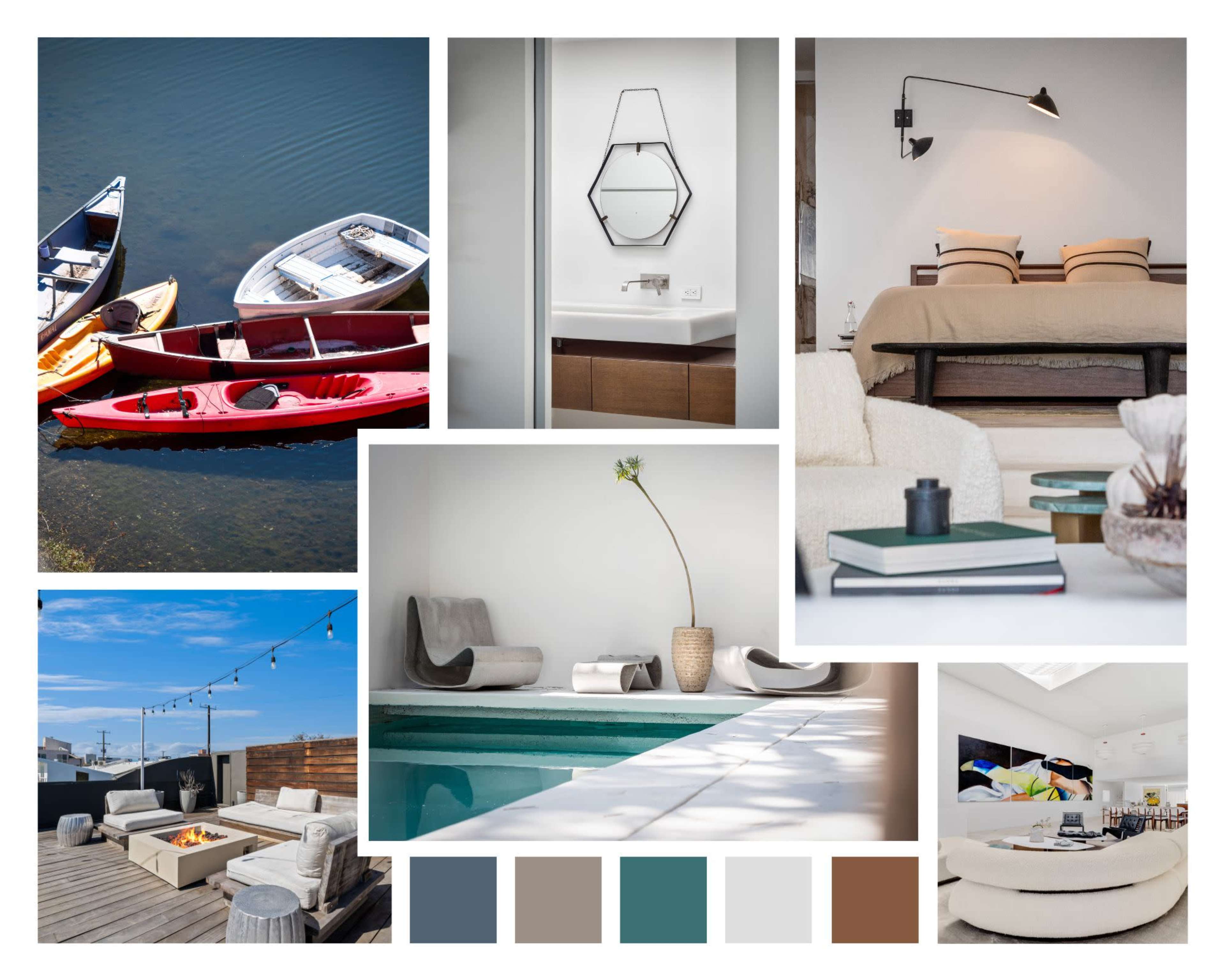 The image features a collage of various scenes including boats on water, a contemporary bathroom, a cozy bedroom, a stylish living area, an outdoor lounge with a fire pit, and a swimming pool.