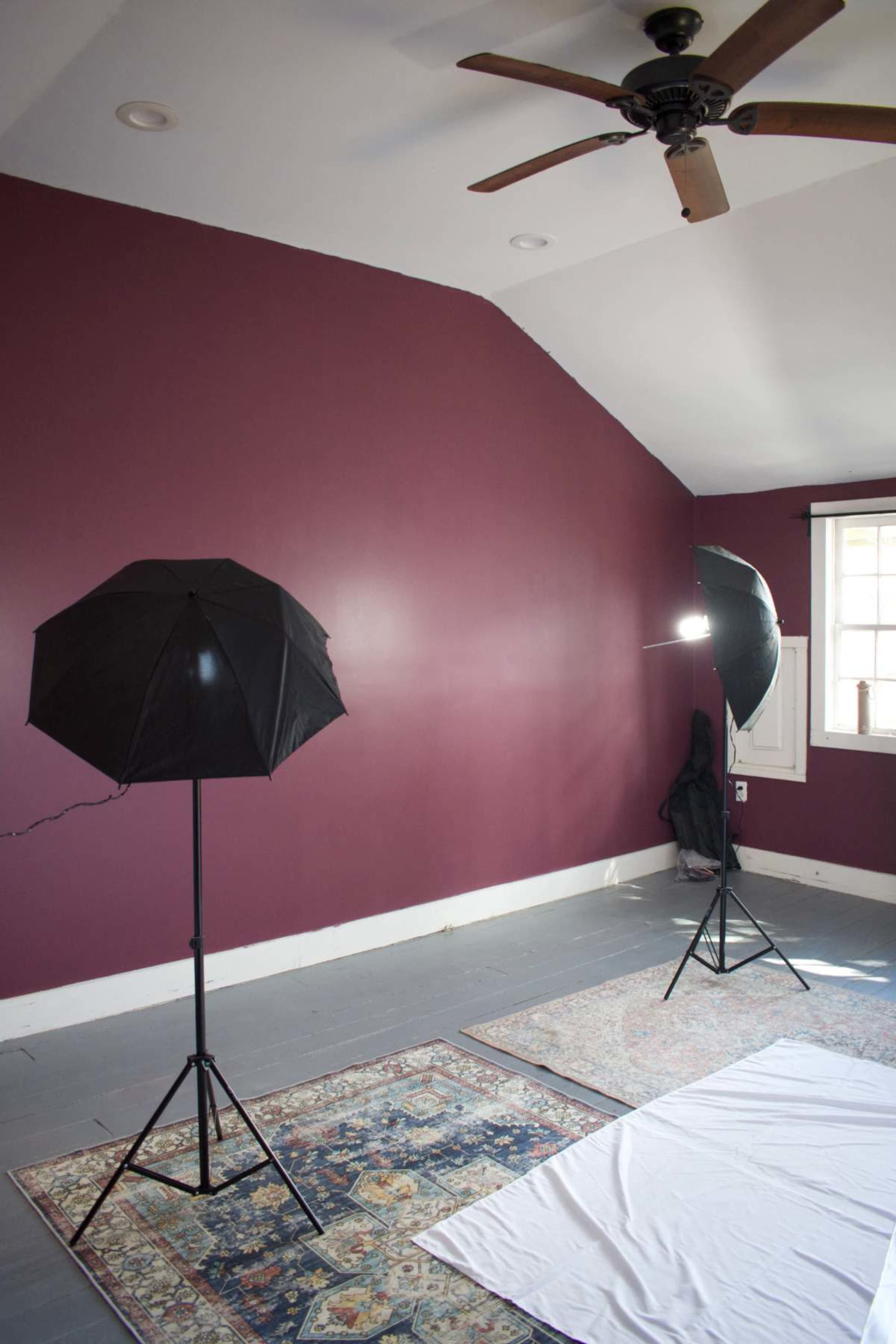 The image shows a room with a purple wall, two black light stands with softboxes, a patterned rug, and a white sheet on the floor.