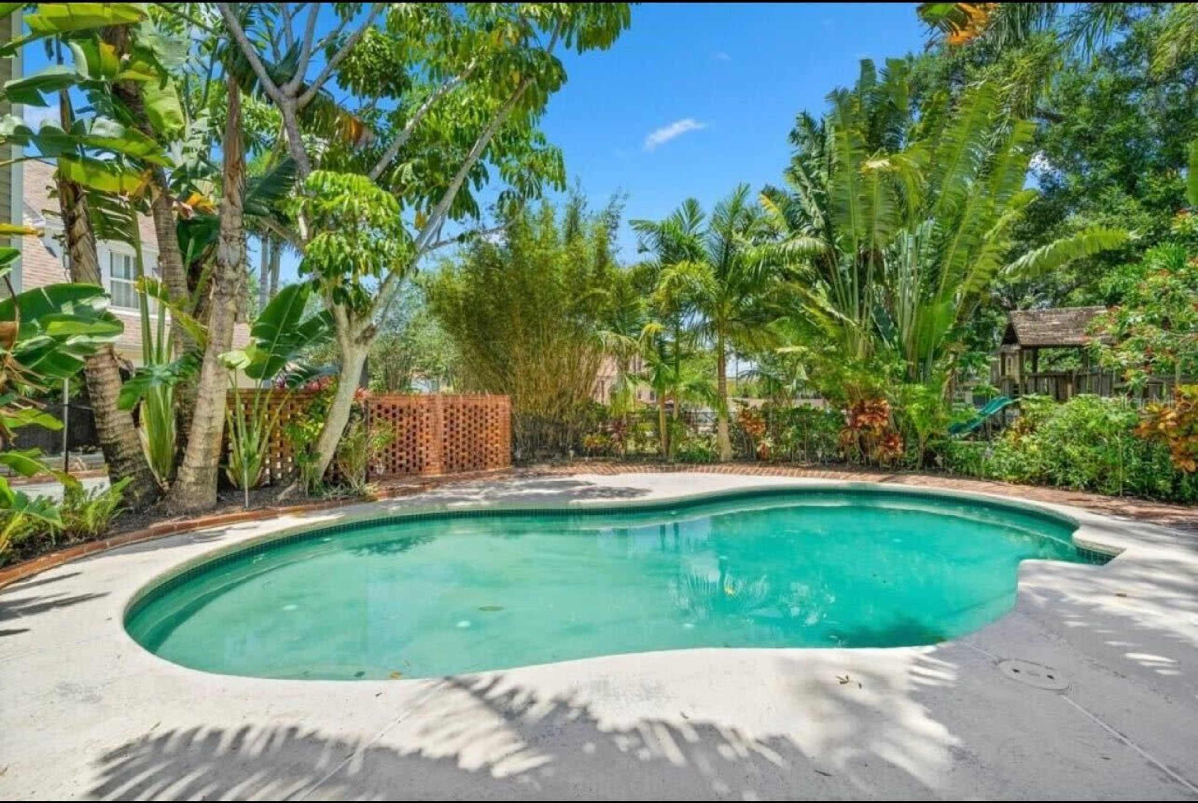 The image shows a curved swimming pool surrounded by lush tropical plants and trees.