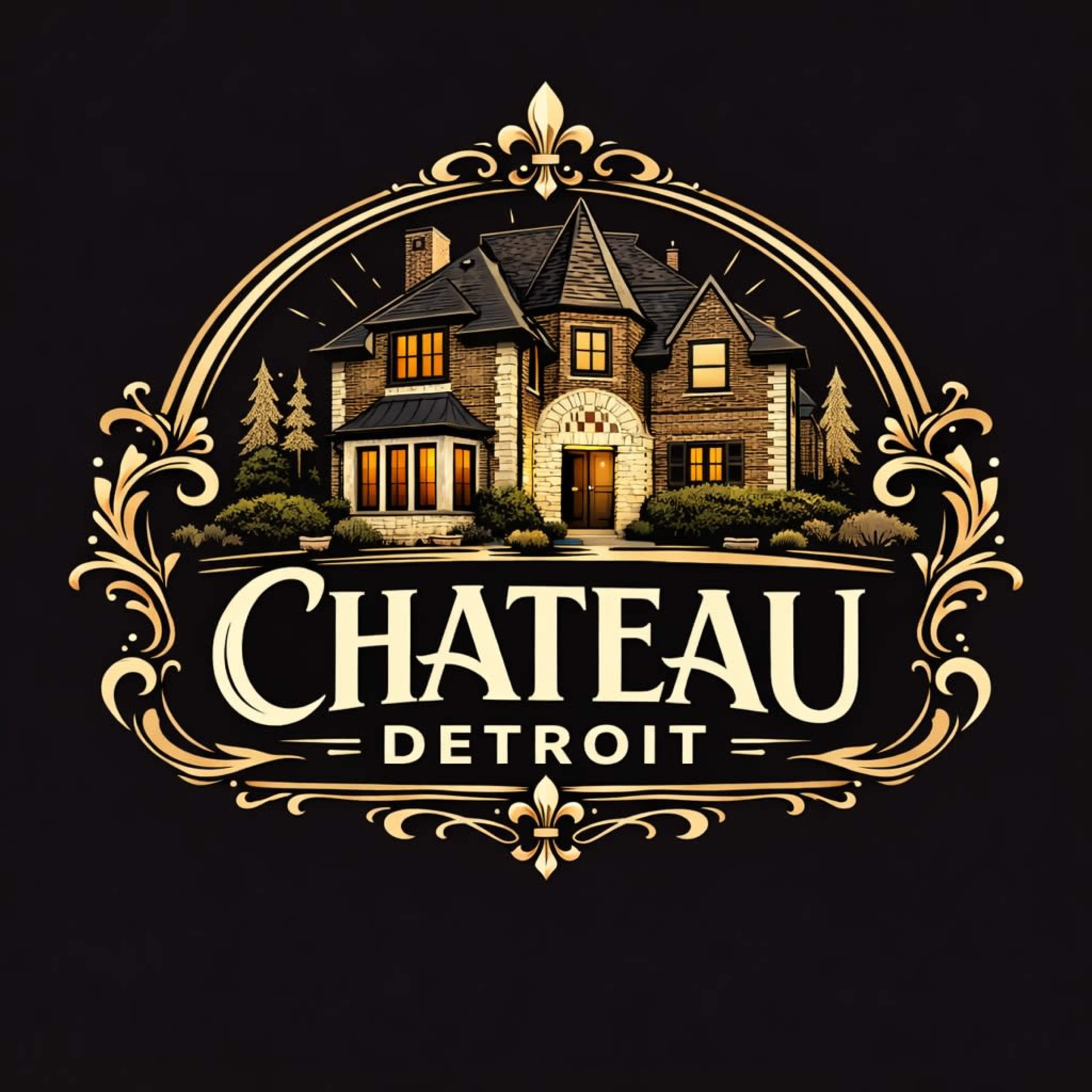 The image features an ornate logo design showcasing a detailed illustration of a large house surrounded by trees, with the words "Chateau Detroit" prominently displayed.