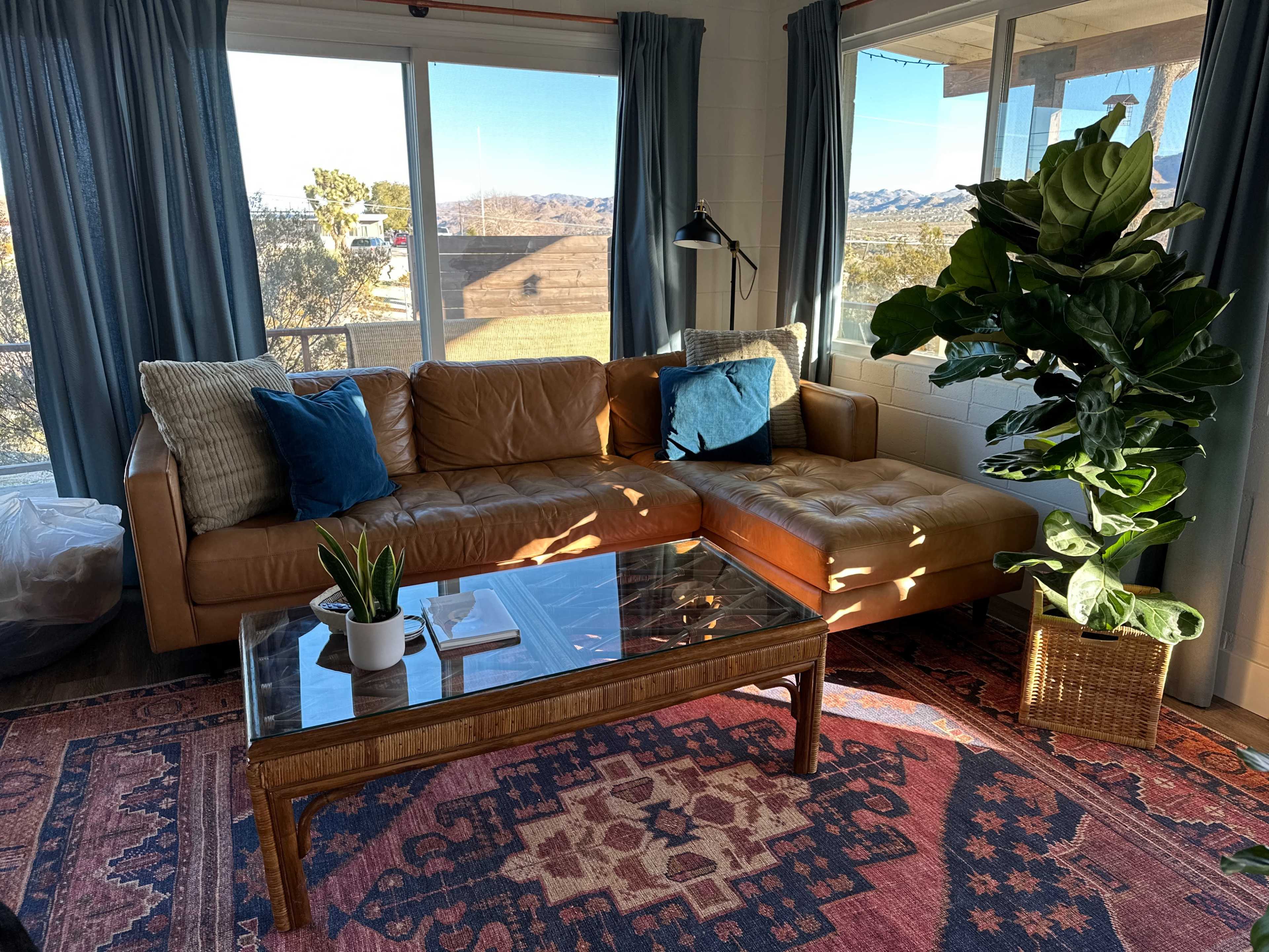 A cozy living room with a brown leather sectional sofa, a glass coffee table, and a large potted plant beside a window overlooking a desert landscape.