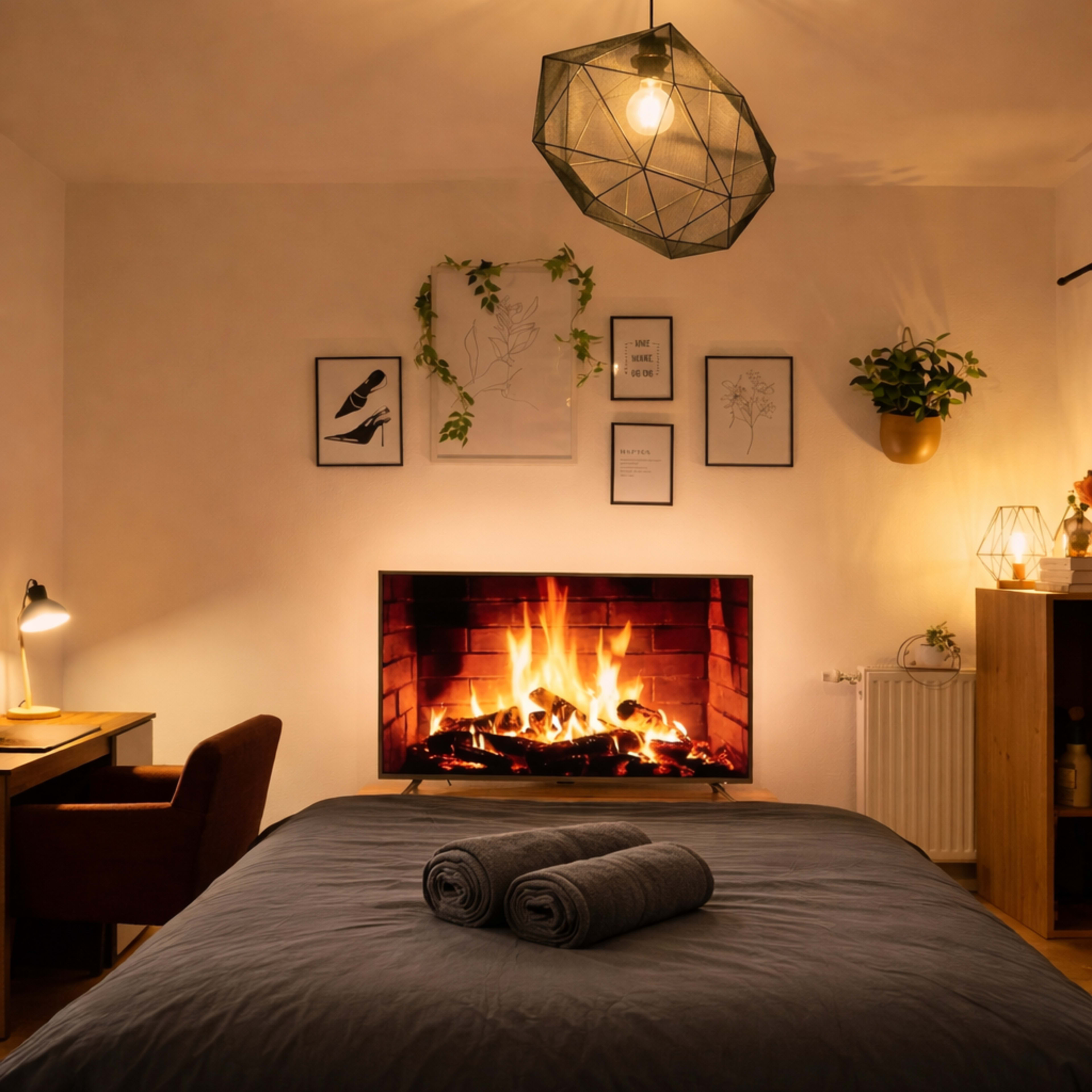 A cozy bedroom features a large bed with rolled towels at the foot, a modern light fixture above, and a fireplace with flames, framed by wall art and plants.