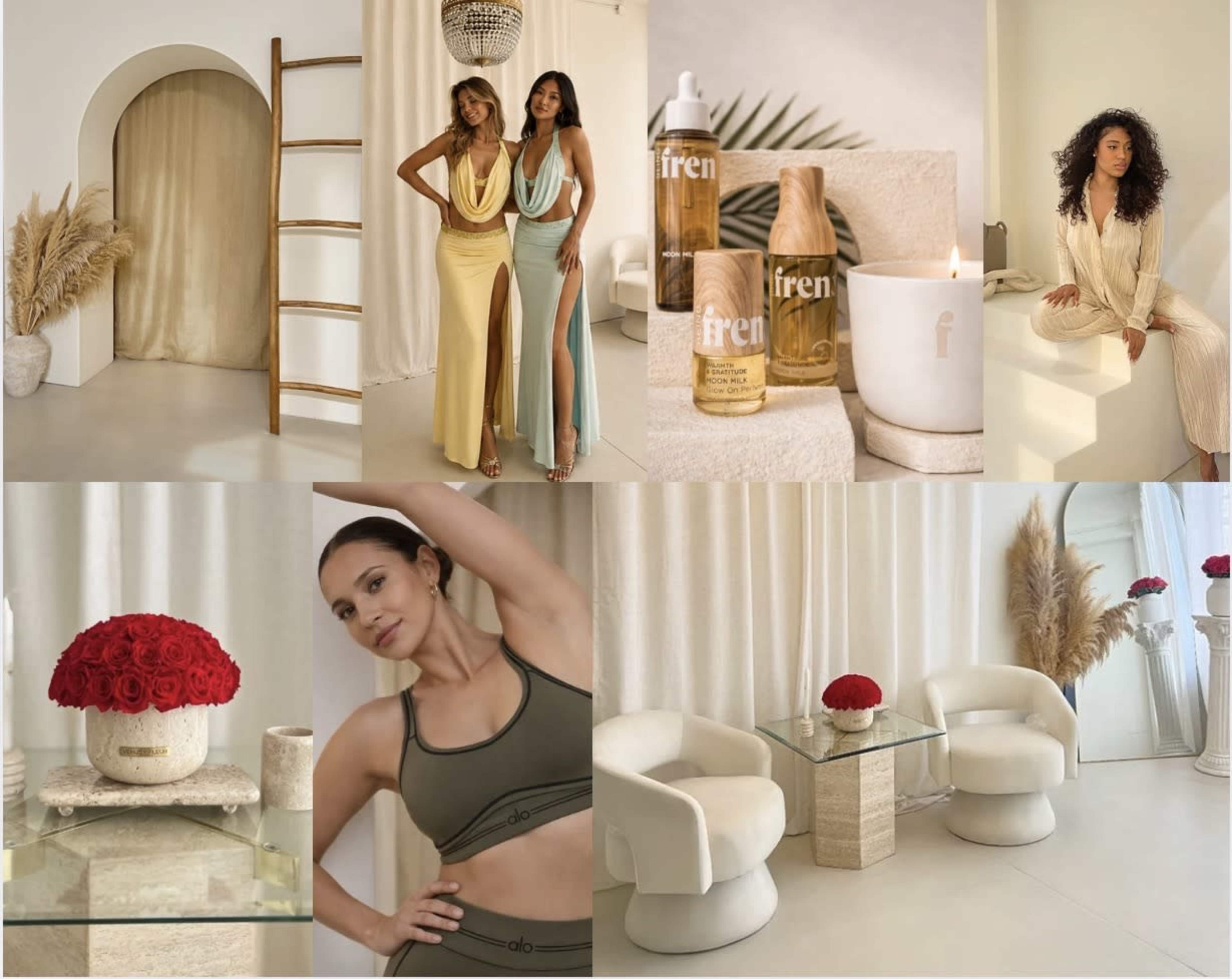 The image features a stylish interior space with three women in fashionable clothing, decorative plants, skincare products displayed, and elegant furniture arrangements.