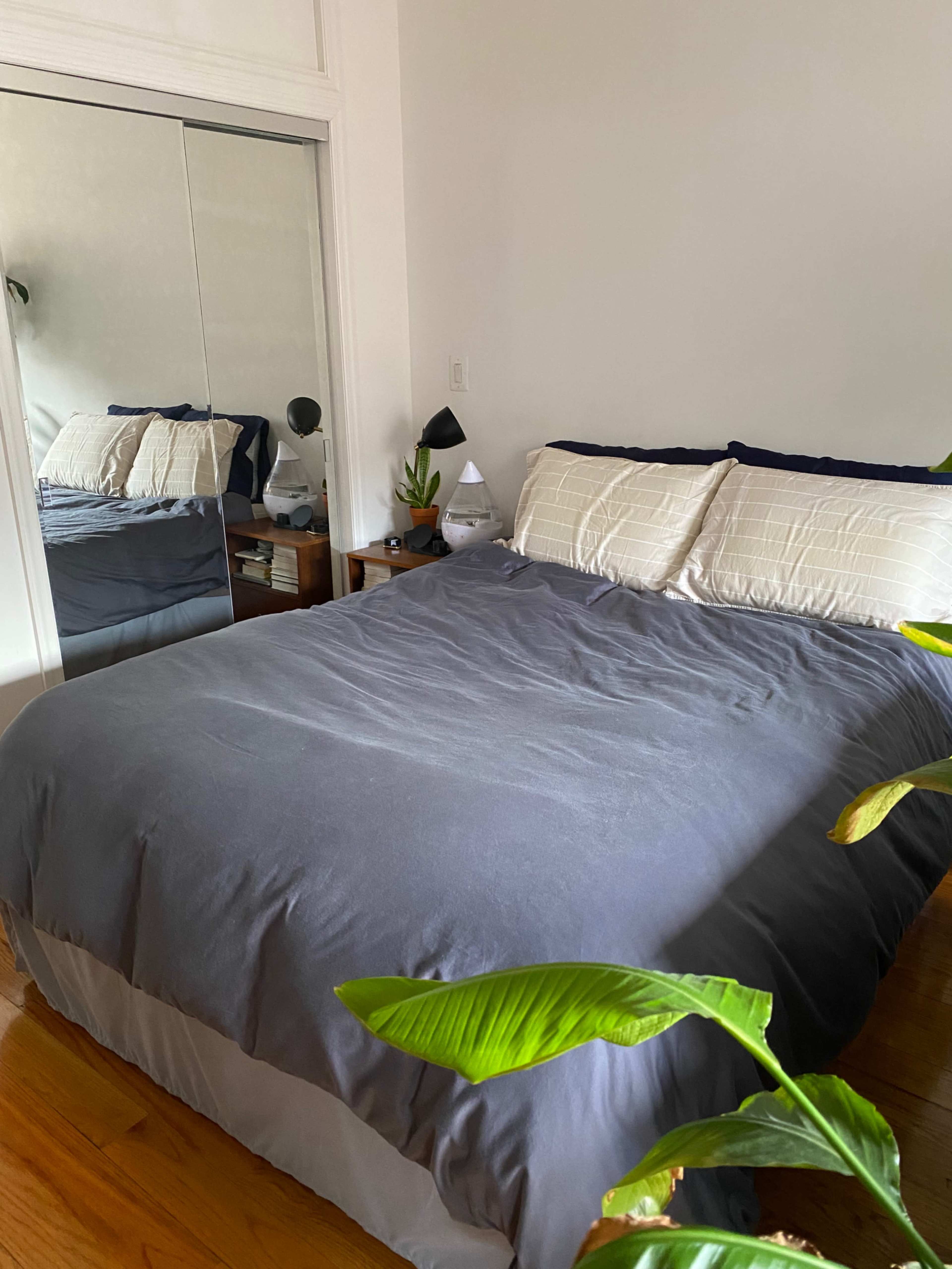 A neatly made bed with gray bedding is positioned next to a mirrored closet and surrounded by indoor plants.