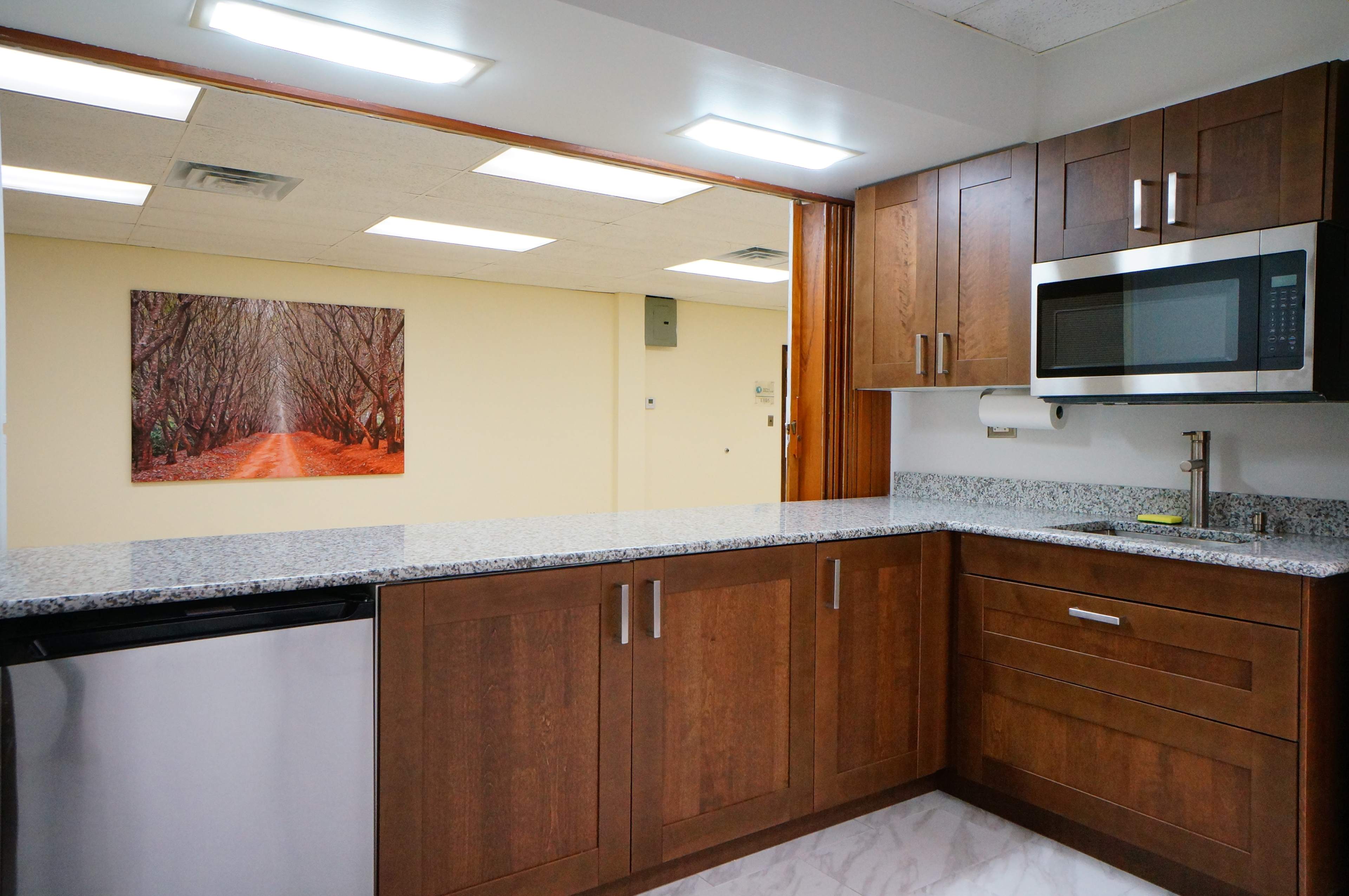 A modern kitchen featuring a granite countertop, wooden cabinetry, a microwave, and a view of a wall art depicting a tree-lined path.
