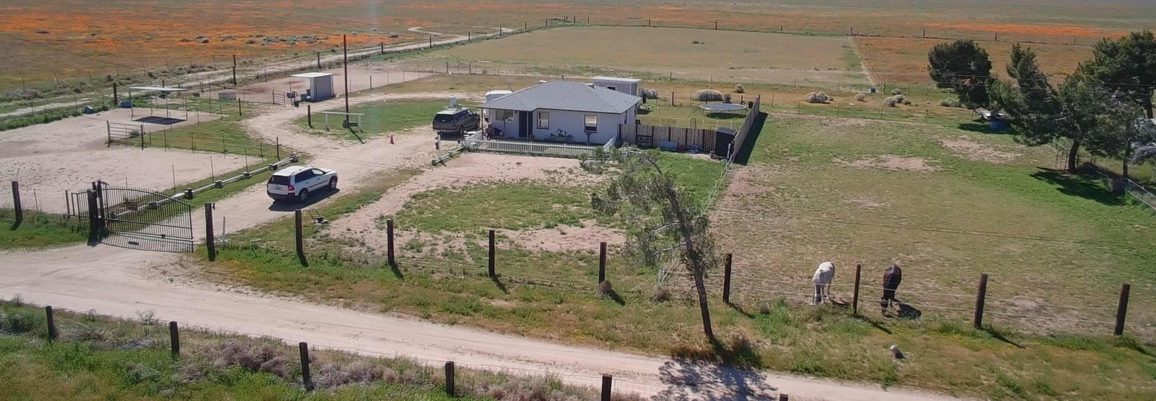 A rural property features a house surrounded by open fields, with a vehicle parked nearby and a person tending to livestock.