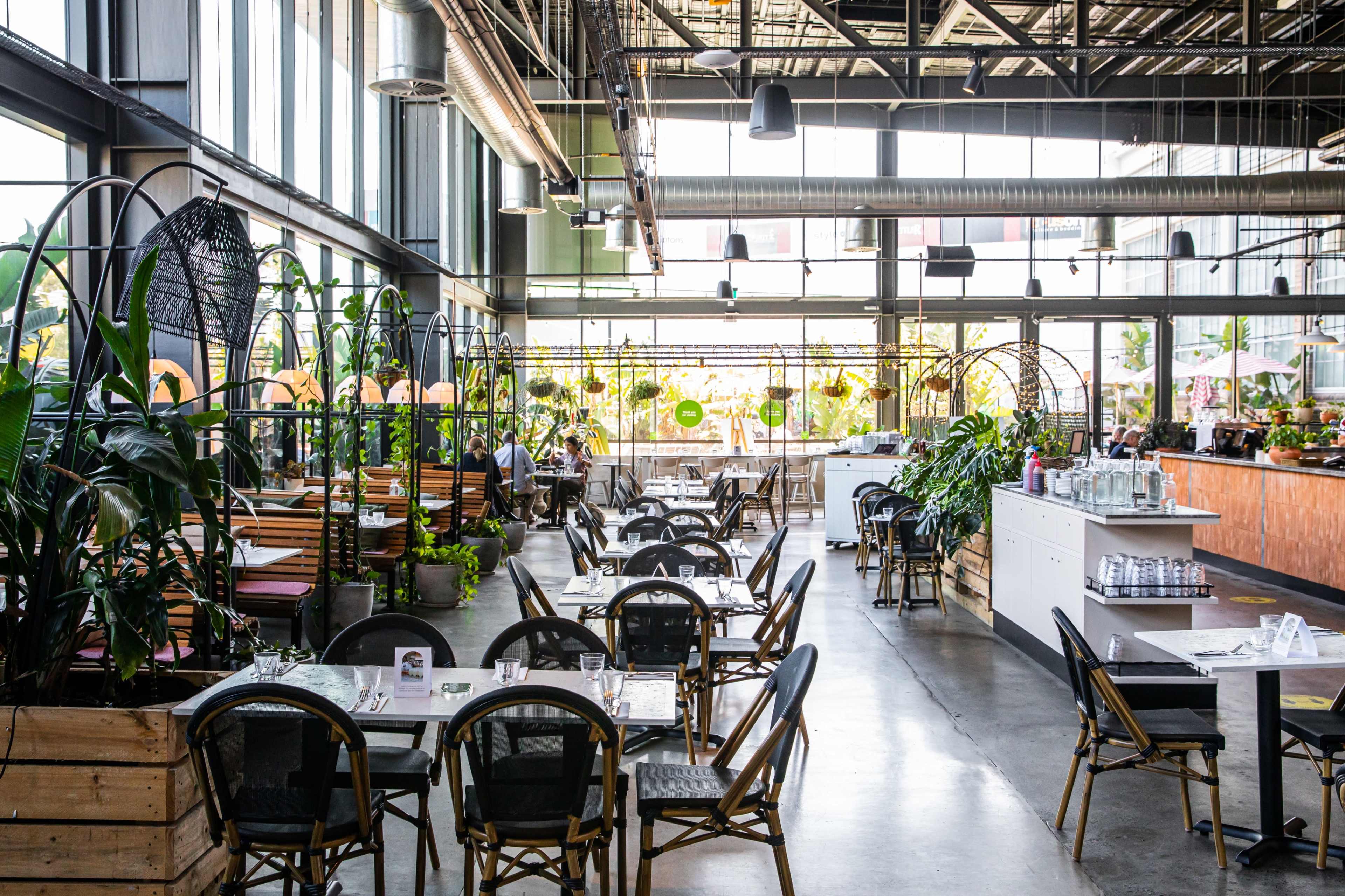 A modern restaurant interior featuring multiple dining tables, greenery, and large windows that allow natural light to enter the space.